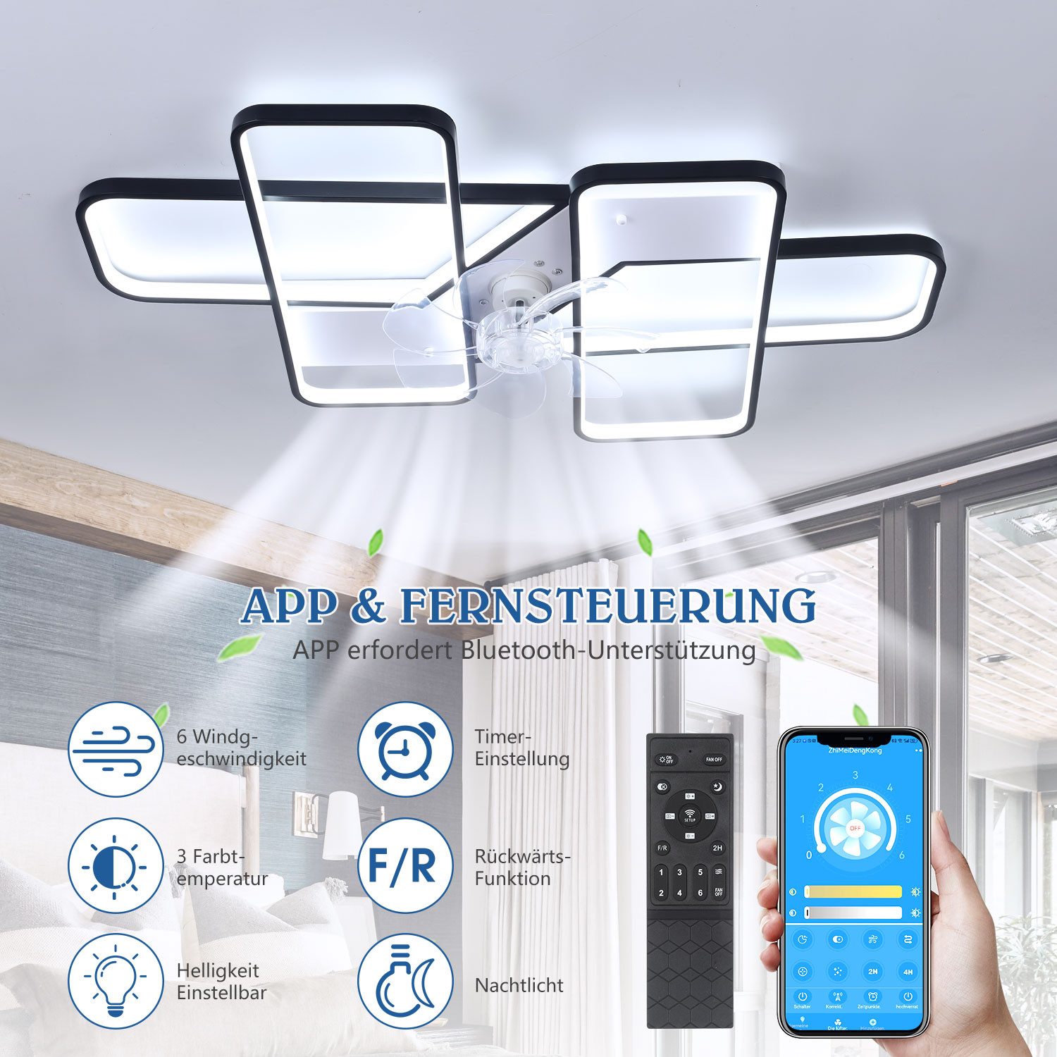 oyajia Deckenleuchte Deckenleuchte mit Ventilator, leise, 48W Hauptlicht Dimmbar, 6-Gang, LED fest integriert, Warmweiß, Naturweiß, Kaltweiß, Deckenventilator mit Beleuchtung für Wohn-, Schlaf- und Esszimmer
