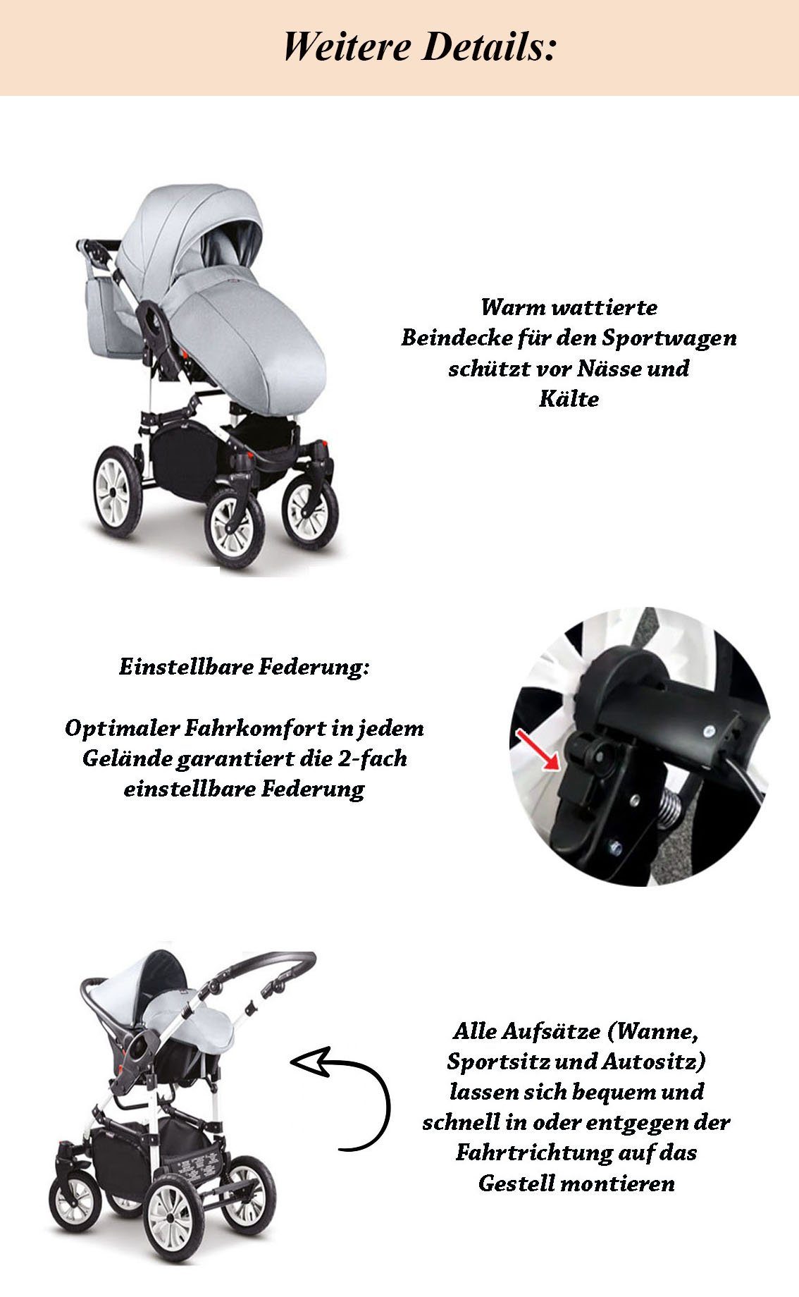 3 ECO - 1 babies-on-wheels 16 29 Cosmo Kunstleder - Kombi-Kinderwagen in in Kinderwagen-Set Farben Teile Sand-Beige