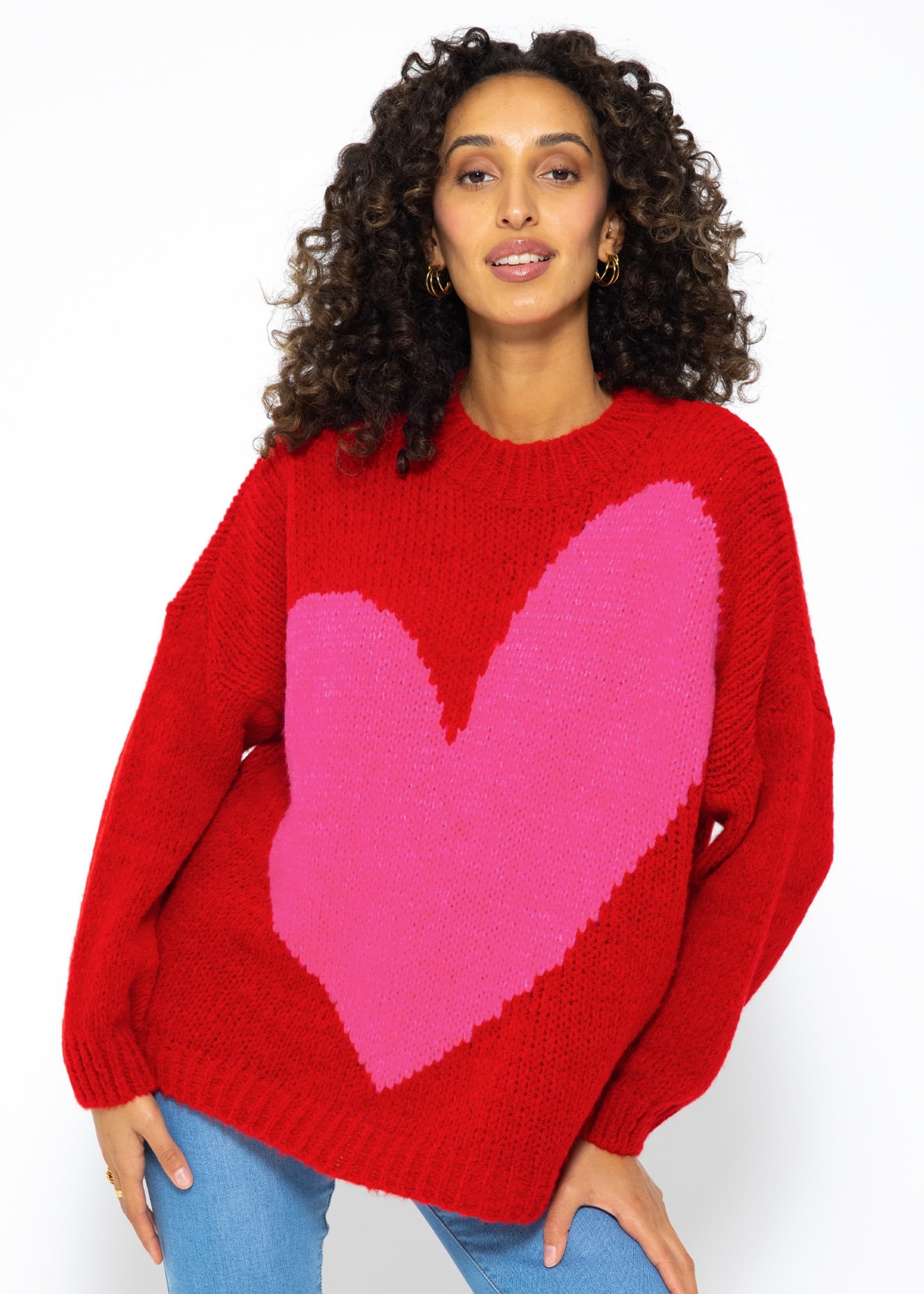 SASSYCLASSY Strickpullover Oversize Пуловеры mit Herzmotiv Flauschigeer Grobstrick-Pullover mit Herzmotiv - made in Italy
