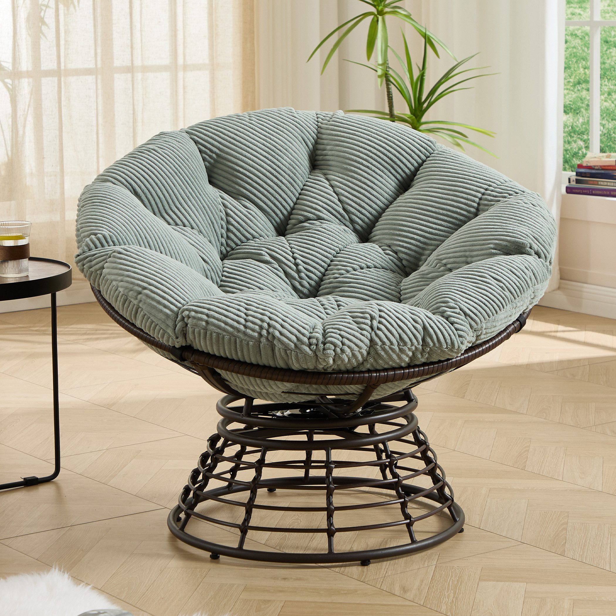 SeedWave Loungesessel 360° Drehbarer Papasan-Sessel Stahlgestell mit 92cm Trennbarem Polster, Relaxsessel für Balkon, Garten, Terrasse