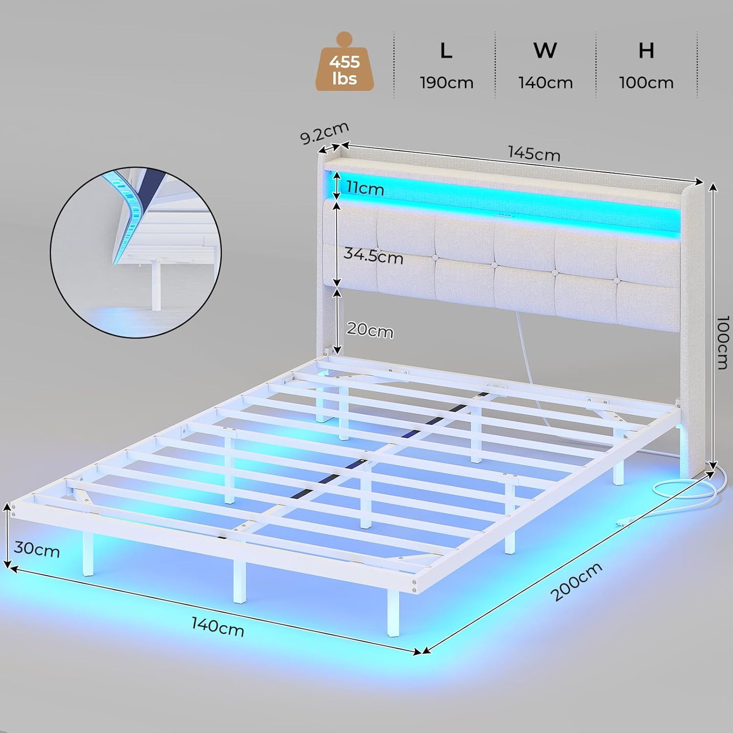 MSMASK Polsterbett Bettrahmen mit LED-Beleuchtung und Ladestation (1-tlg., Ohne Matratze), Jugendbett Bettgestll 140x190cm