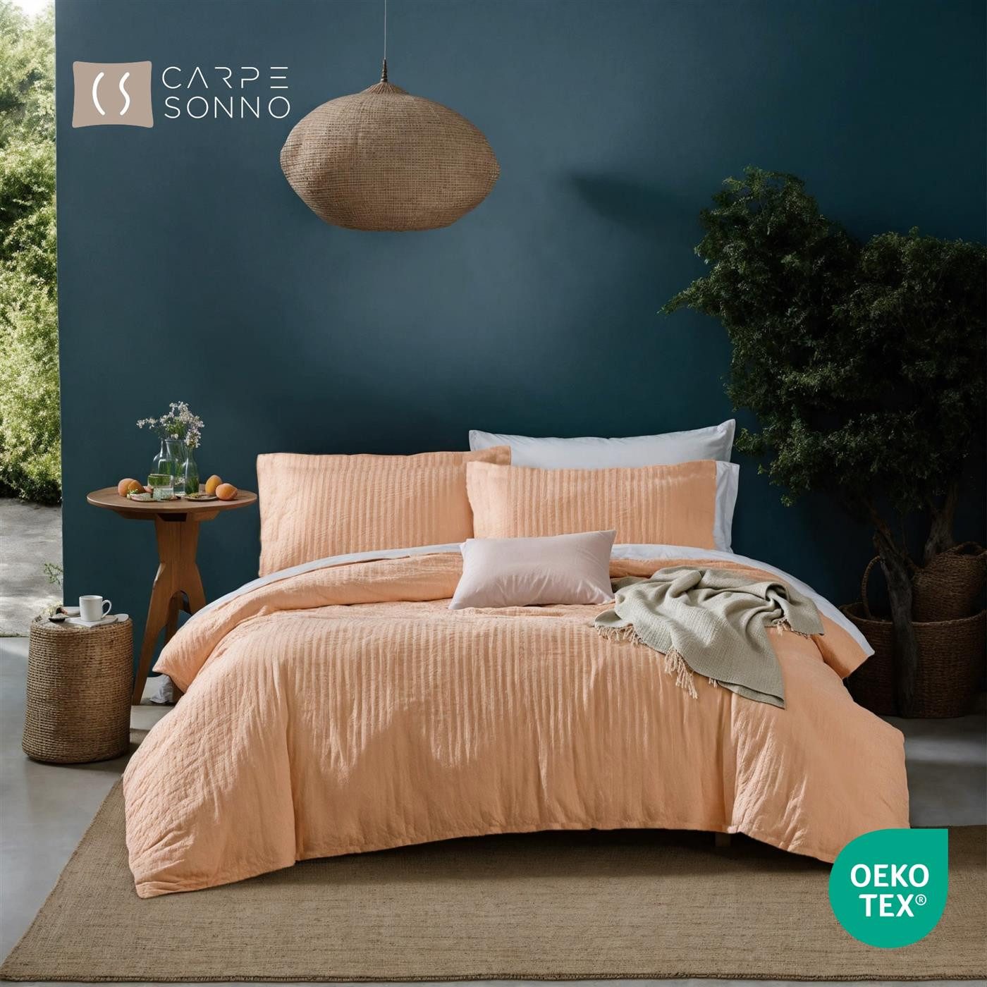 Carpe Sonno Bettwäsche Seersucker 135x200 155x220 Bügelfrei Sommer Bettbezug 100% Baumwolle, Seersucker, 2 teilig, Kühlende Bettwaren Bügelfrei Pflegeleicht Einfarbig Apricot 135 x 200