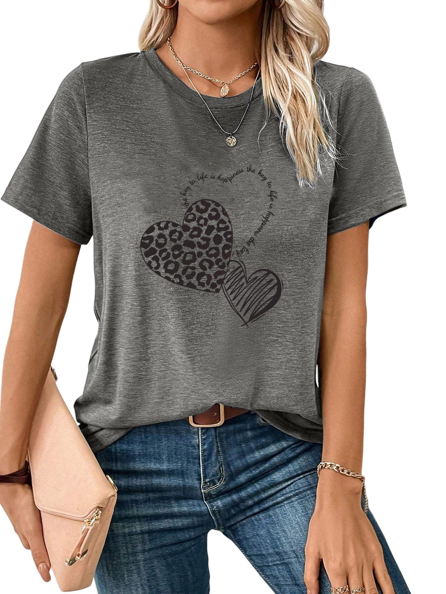 PYLIKE Rundhalsshirt Bequemes Shirt Damen Kurzarm Basic-Shirt mit Liebe Pri günstig online kaufen