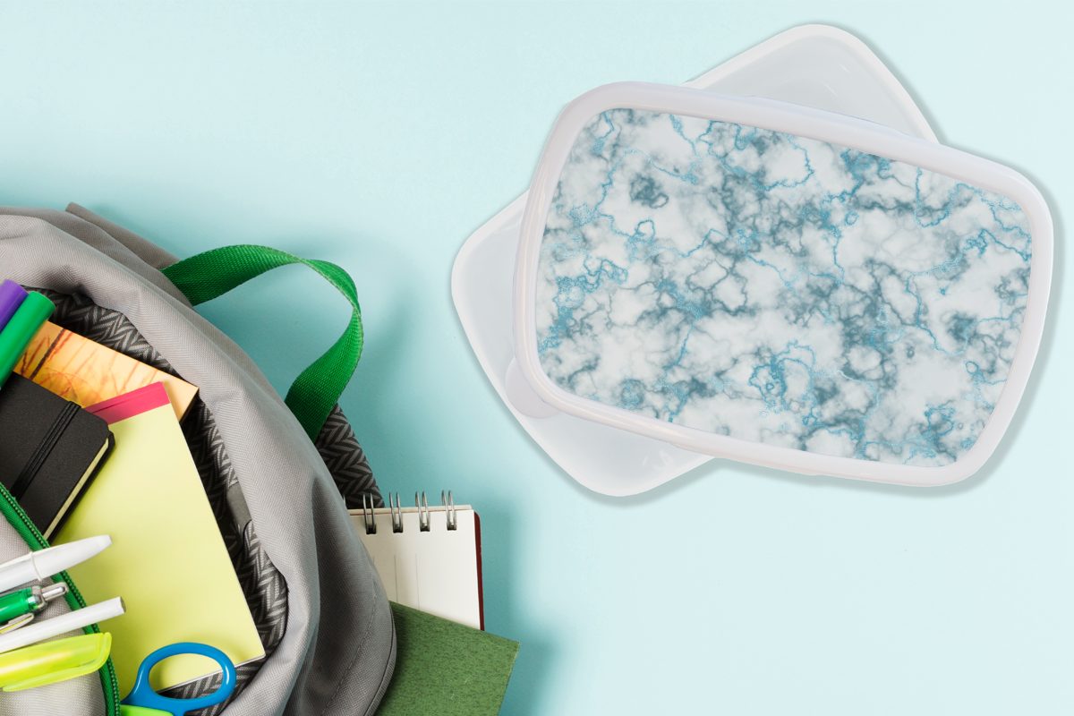 (2-tlg), Blau Marmor weiß Linie, Erwachsene, Lunchbox und Kinder Kunststoff, - Brotbox Brotdose, Mädchen und für - MuchoWow für Jungs