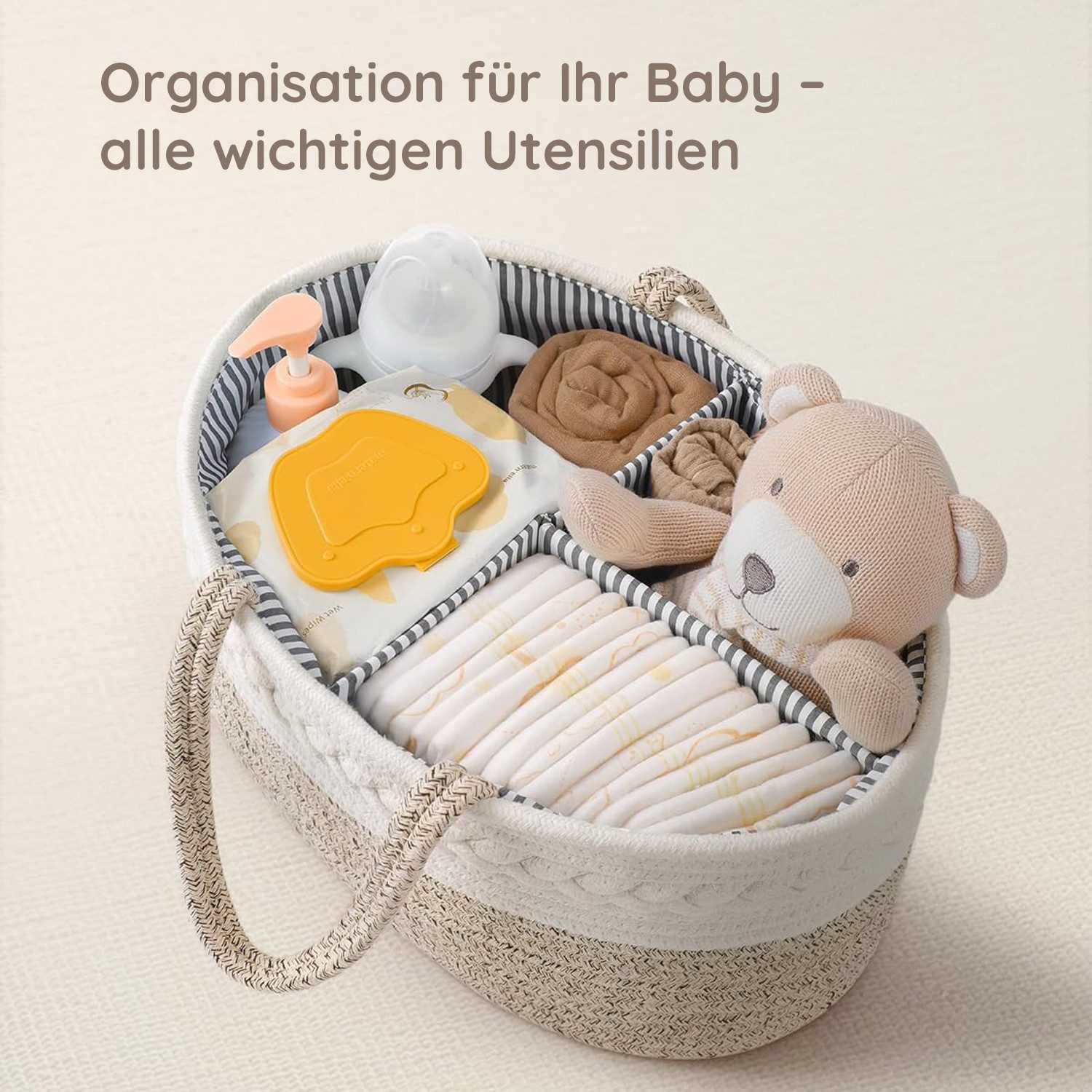 HEYHIPPO Aufbewahrungskorb Aufbewahrungskorb aus Baumwolle,38×22,9×17,8 cm, braun,für Wickeltisch (Herausnehmbarer Einsatz,großes Fassungsvermögen,nass&trocken  – Bild 5 von 5