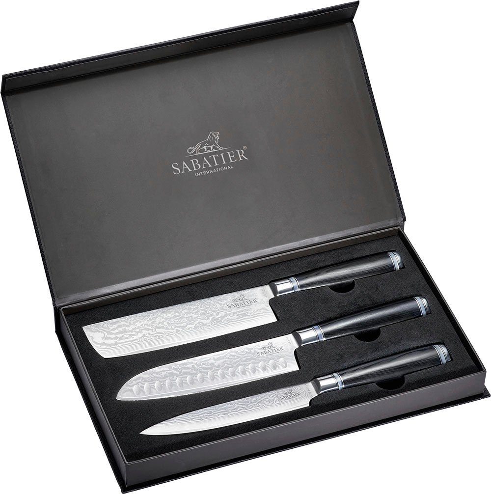 SABATIER International Messer-Set (Set, 3-tlg., 1 x Santoku Messer, 1 x Nakiri Messer, 1 x Sashimi Messer), 67-lagiger geschmiedeter Damast-Klingenstahl, ergonomische Griffe