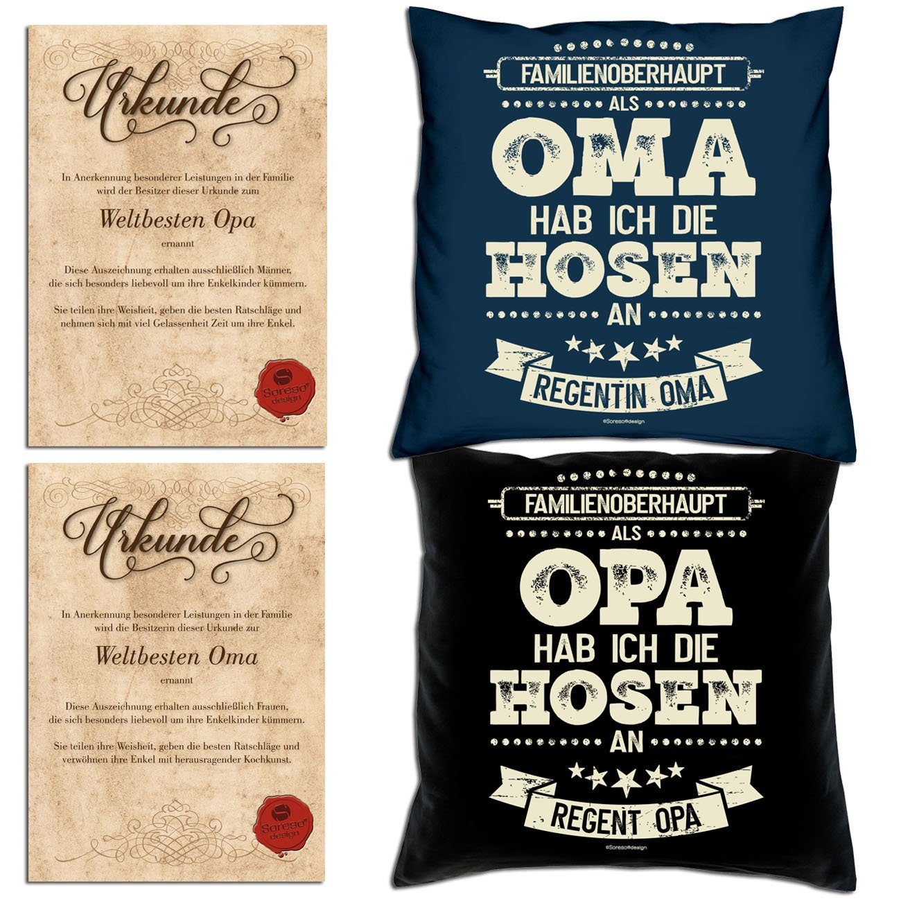 Soreso® Dekokissen Kissen-Set Als Opa hab ich die Hosen an Als Oma hab ich die Hosen an mit Urkunden, Weihnachtsgeschenk für Großeltern navy-blau