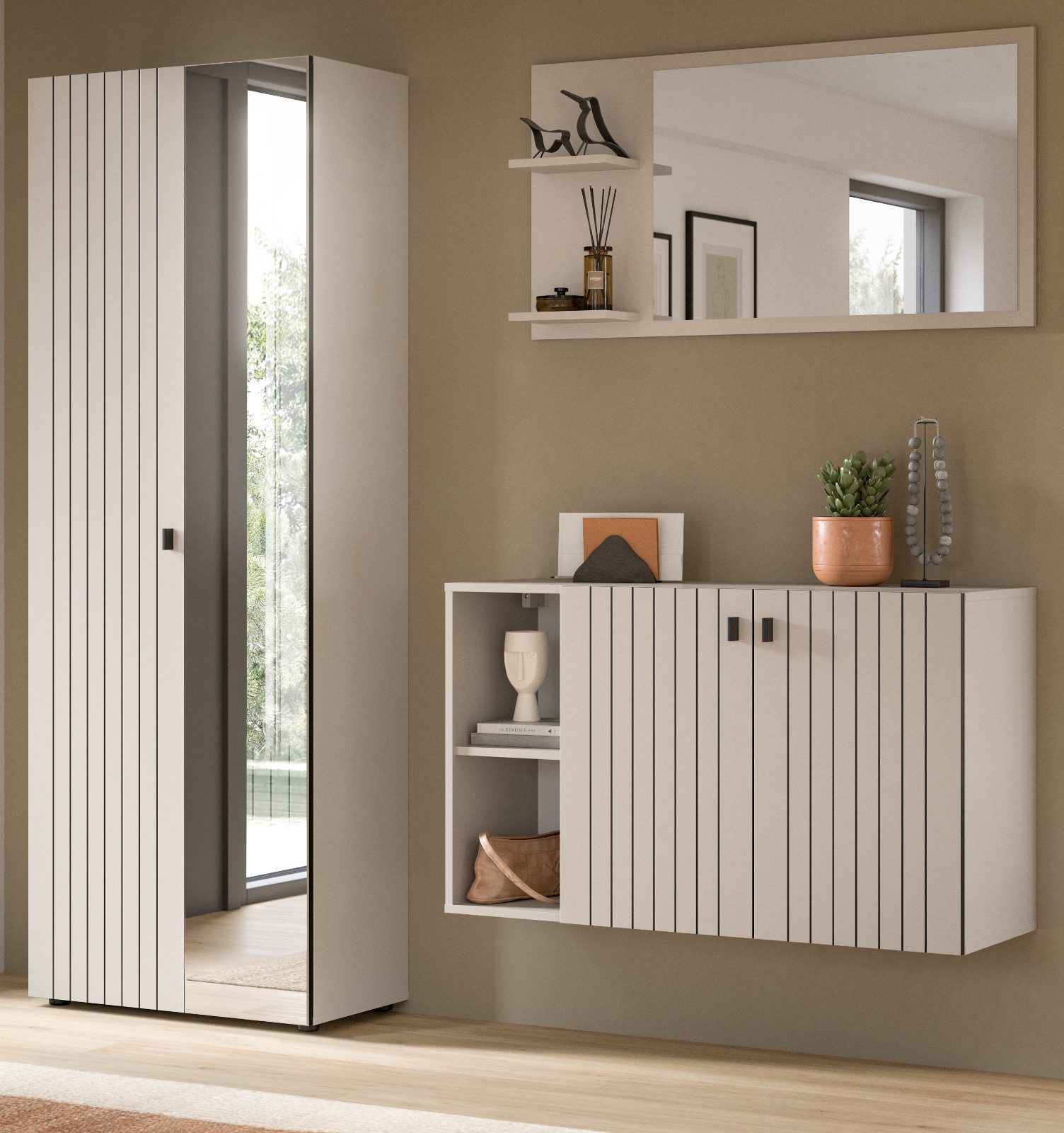 Inn.Furn Garderoben-Set Loreno, (Komplett-Set in Kaschmir / Sand mit Schwarz, 3-St., 190 x 192 cm), variable Inneneinteilung für Schuhe