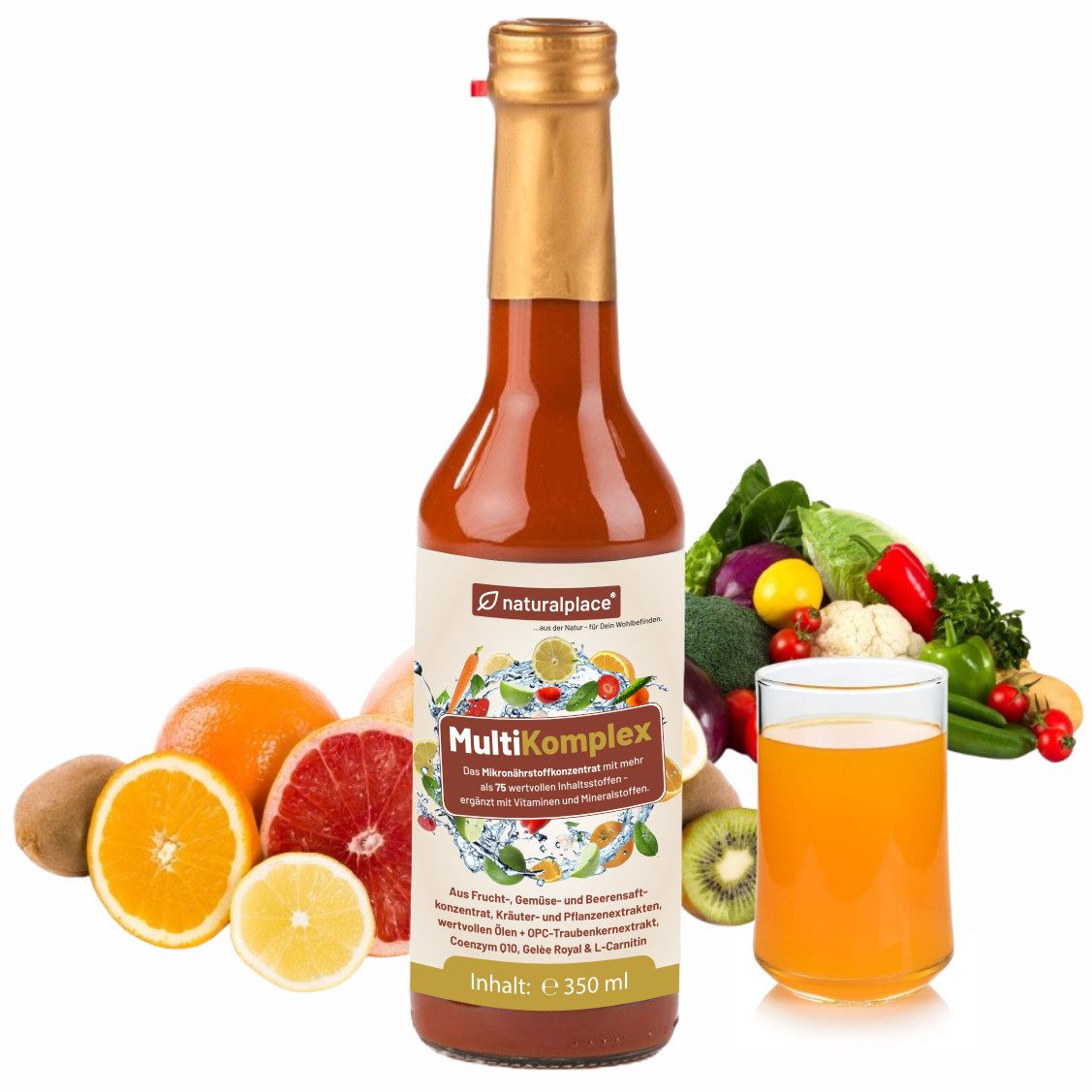 naturalplace MultiKomplex - aus Früchten, Gemüse, Beeren, Kräutern und Pflanzen - Multivitamin-Saftkonzentrat, 350 ml, über 75 hochwertige Inhaltsstoffe + OPC, Q10, Gelee Royal, L-Carnitin