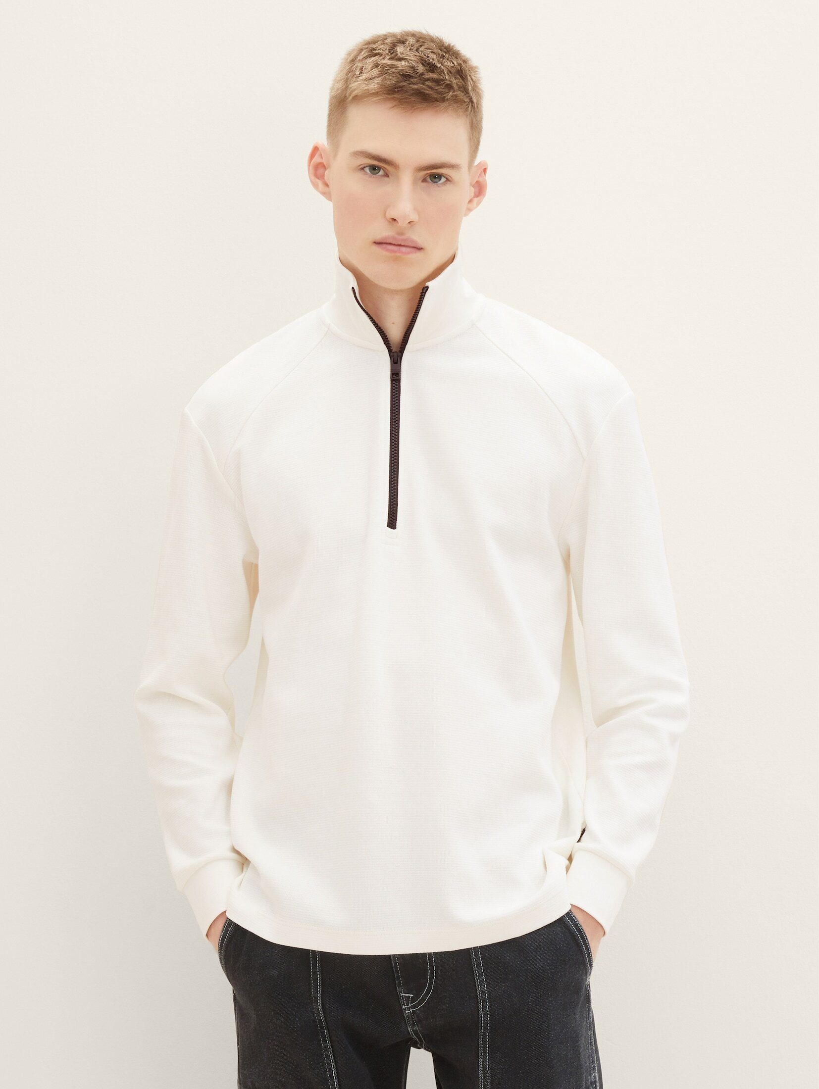 Struktur Denim Langarmshirt TOM mit TAILOR White T-Shirt Wool