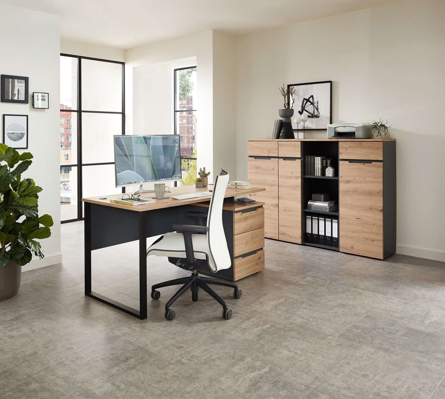 Innostyle Schreibtisch MEMPHIS, Artisan Eiche Dekor, Schwarz, Metall, B 150 x T 73 cm, mit Container