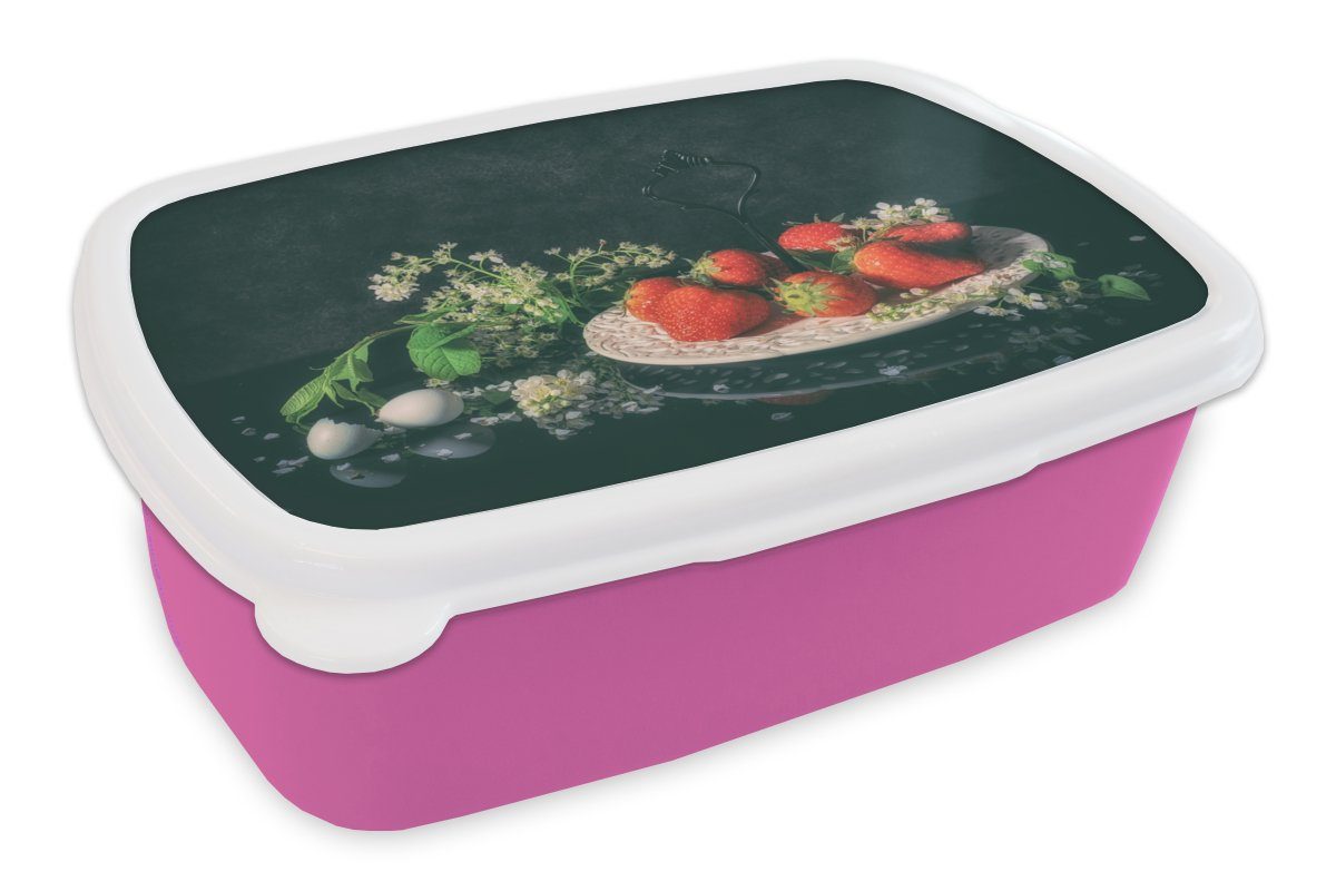 MuchoWow Lunchbox Erdbeeren - Malerei - Stillleben - Blumen - Ei - Teller, Kunststoff, (2-tlg), Brotbox für Erwachsene, Brotdose Kinder, Snackbox, Mädchen, Kunststoff rosa