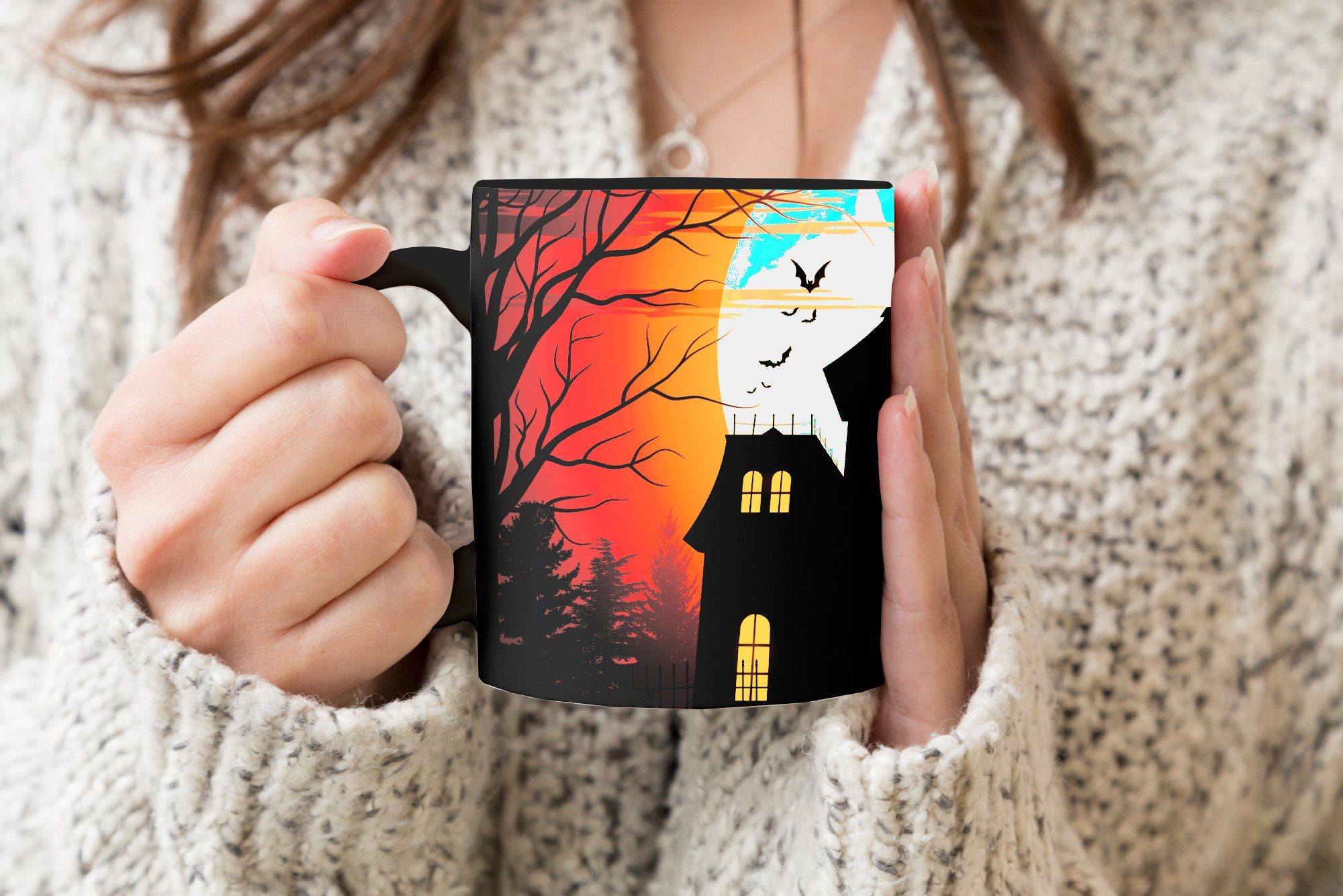 Ein Geschenk Haus Zaubertasse, Farbwechsel, in und gespenstisches MuchoWow Keramik, während einer, Kaffeetassen, einsames Halloween Tasse Teetasse,