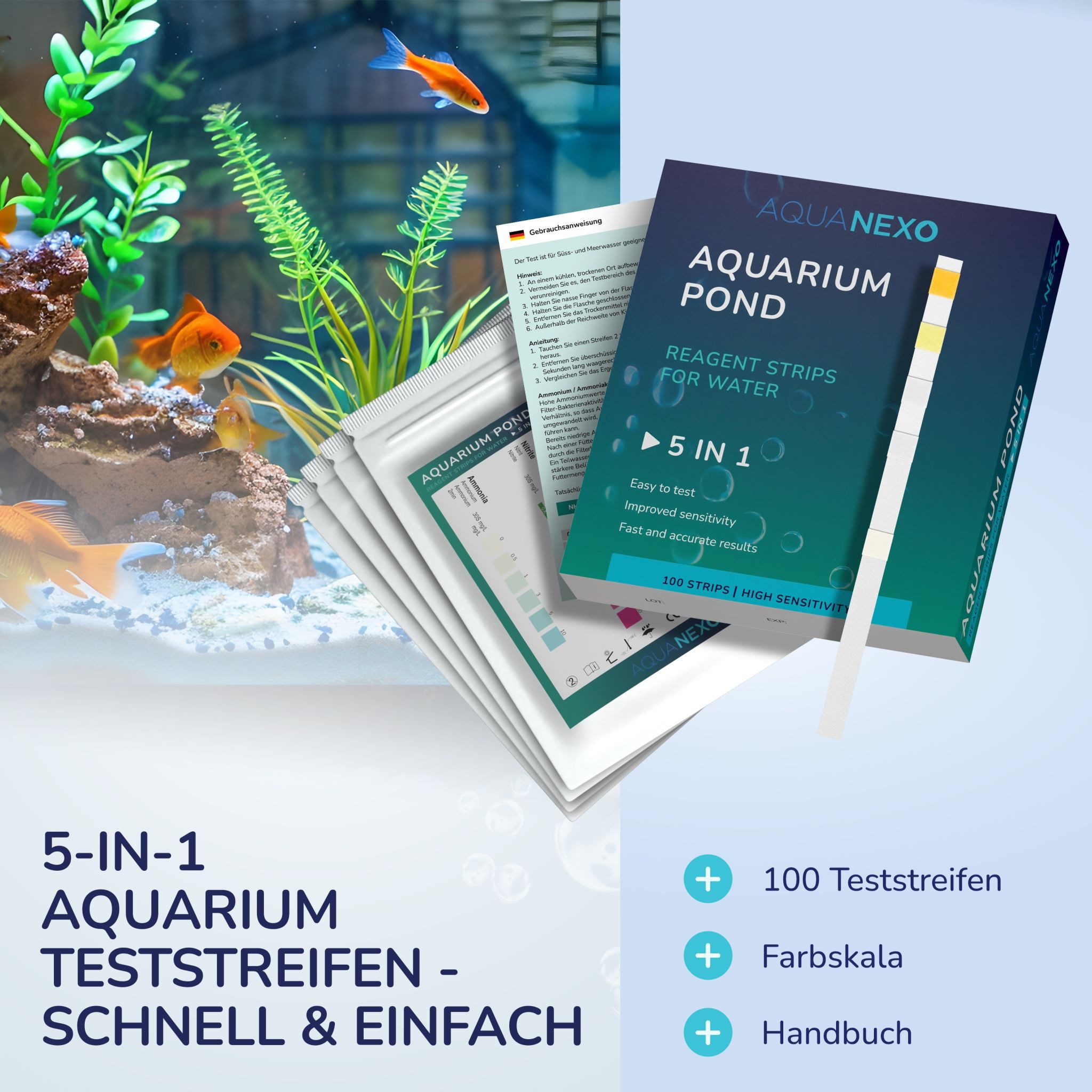 AquaNexo Aquarium-Wassertest Aquanexo 5in1 Aquarium Teststreifen – Wassertest 100 Stück