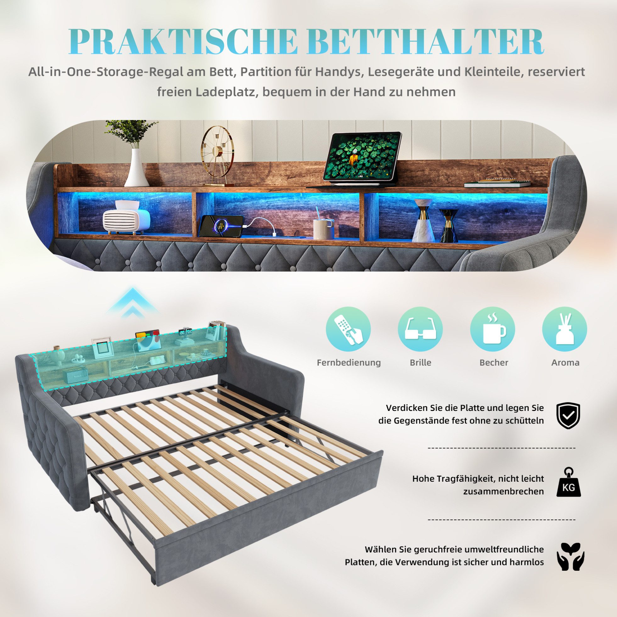 MODFU Schlafsofa Funktionsbett mit Armlehnen und Ausziehfunktion, Tagesbett, 90x190/180x190 cm kombiniert mit LED-Beleuchtung, Ladeanschlüssen und geräumigem Kopfteil mit Stauraum 1 Teile, ohne Matratze