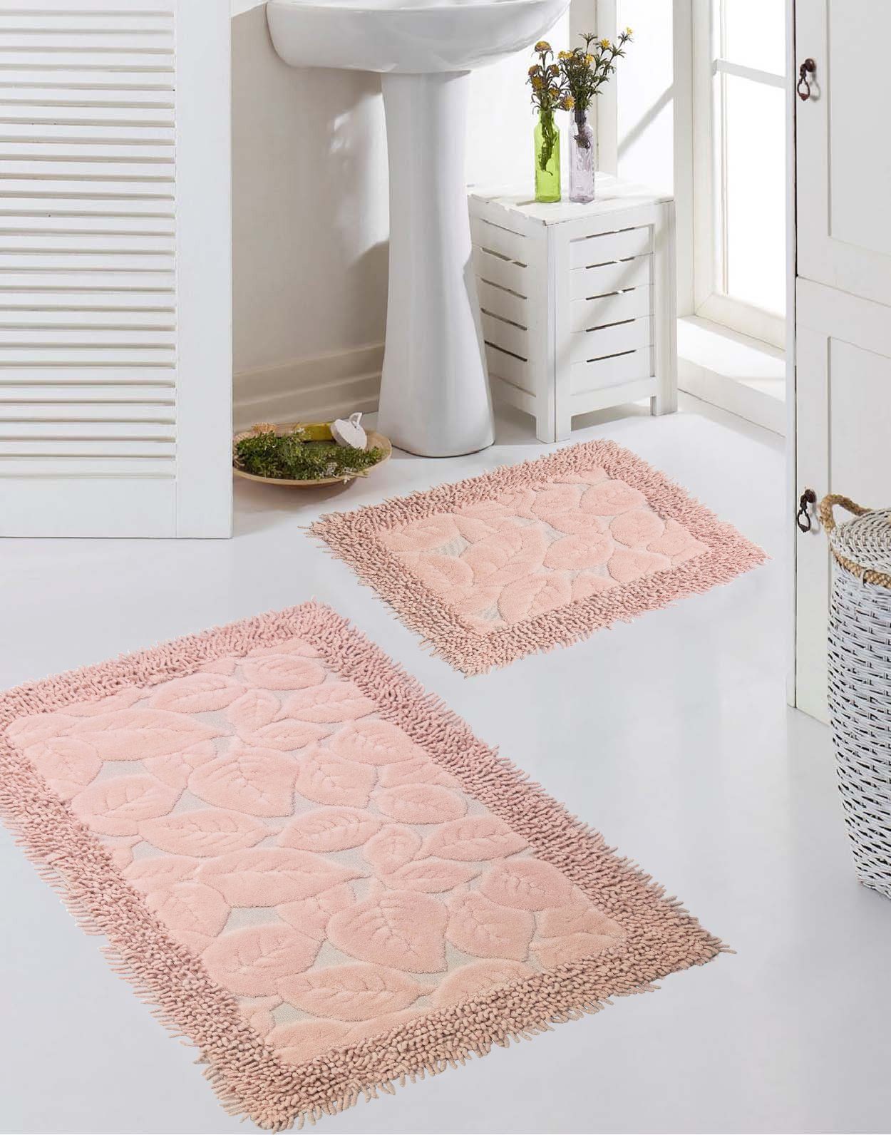 TeppichHome24 Teppich Badematten Set 2 Teilig Blätter Design Rosa Rutschfest & Waschbar, rechteckig, Höhe: 7.5 mm
