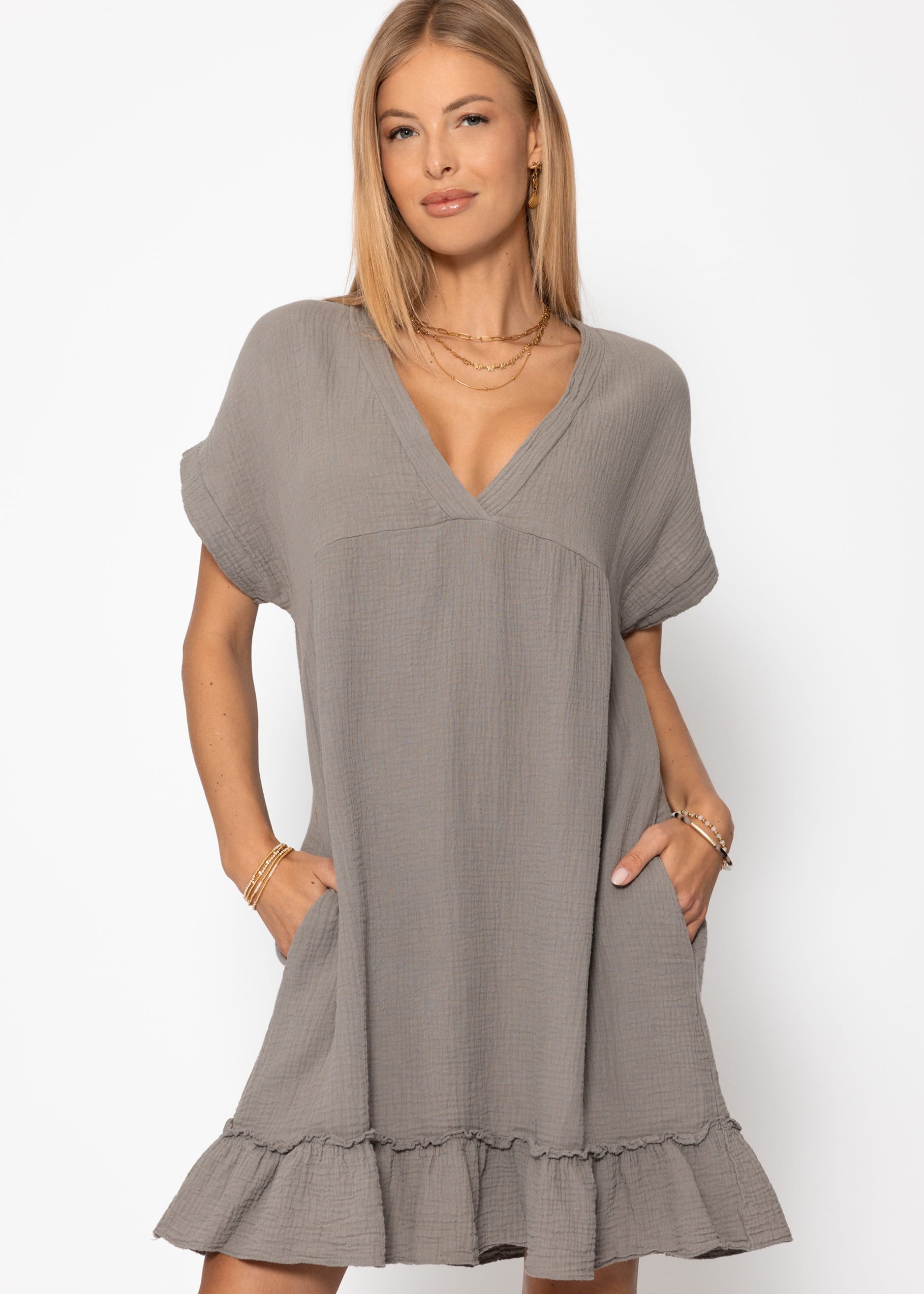 SASSYCLASSY Minikleid Musselin Kleid Damen Sommer Elegant V-Ausschnitt Leic günstig online kaufen