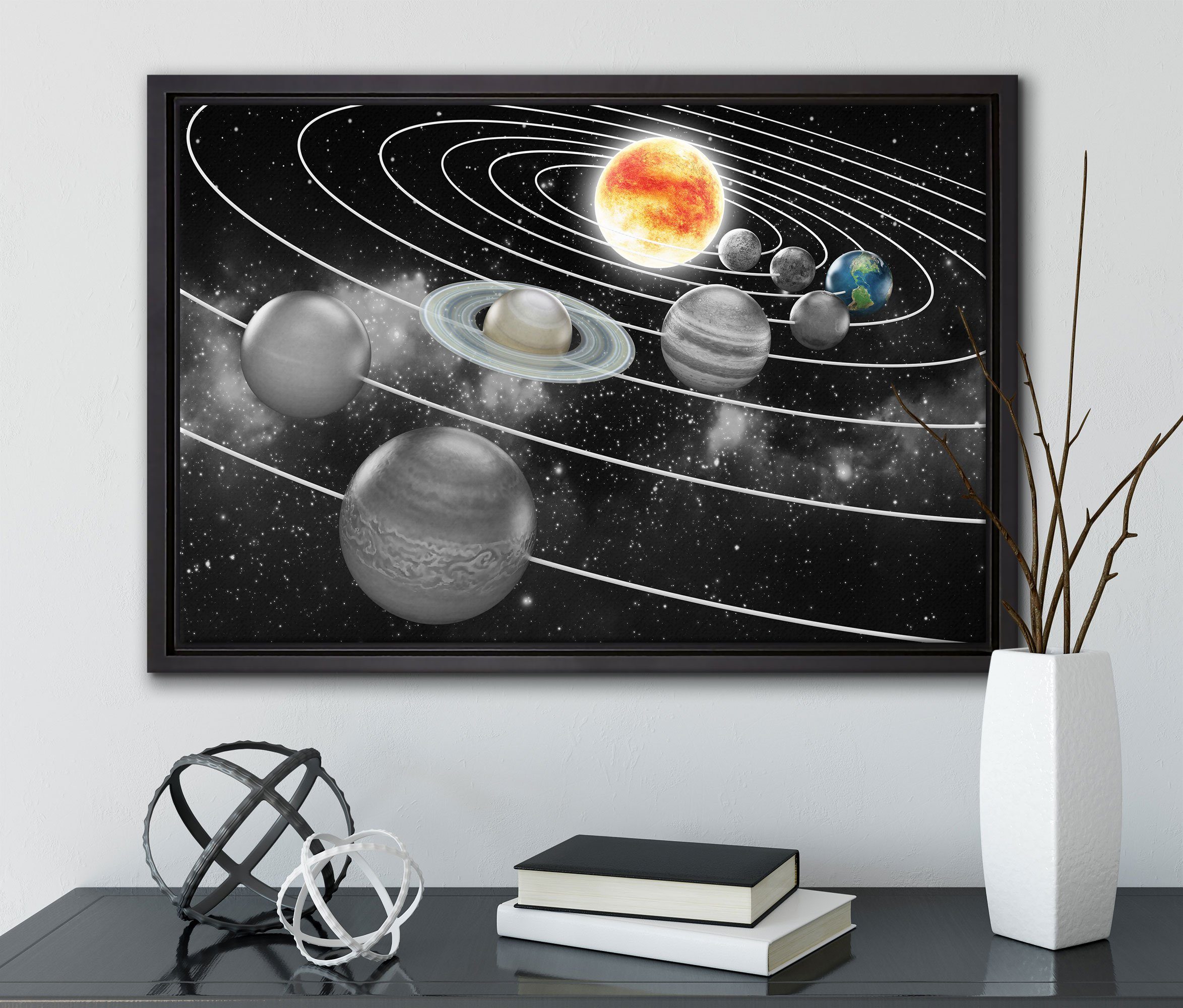 Pixxprint Zackenaufhänger Sonnensystem St), Querschnitt, einem Schattenfugen-Bilderrahmen in Leinwandbild bespannt, fertig gefasst, inkl. (1 Wanddekoration Leinwandbild