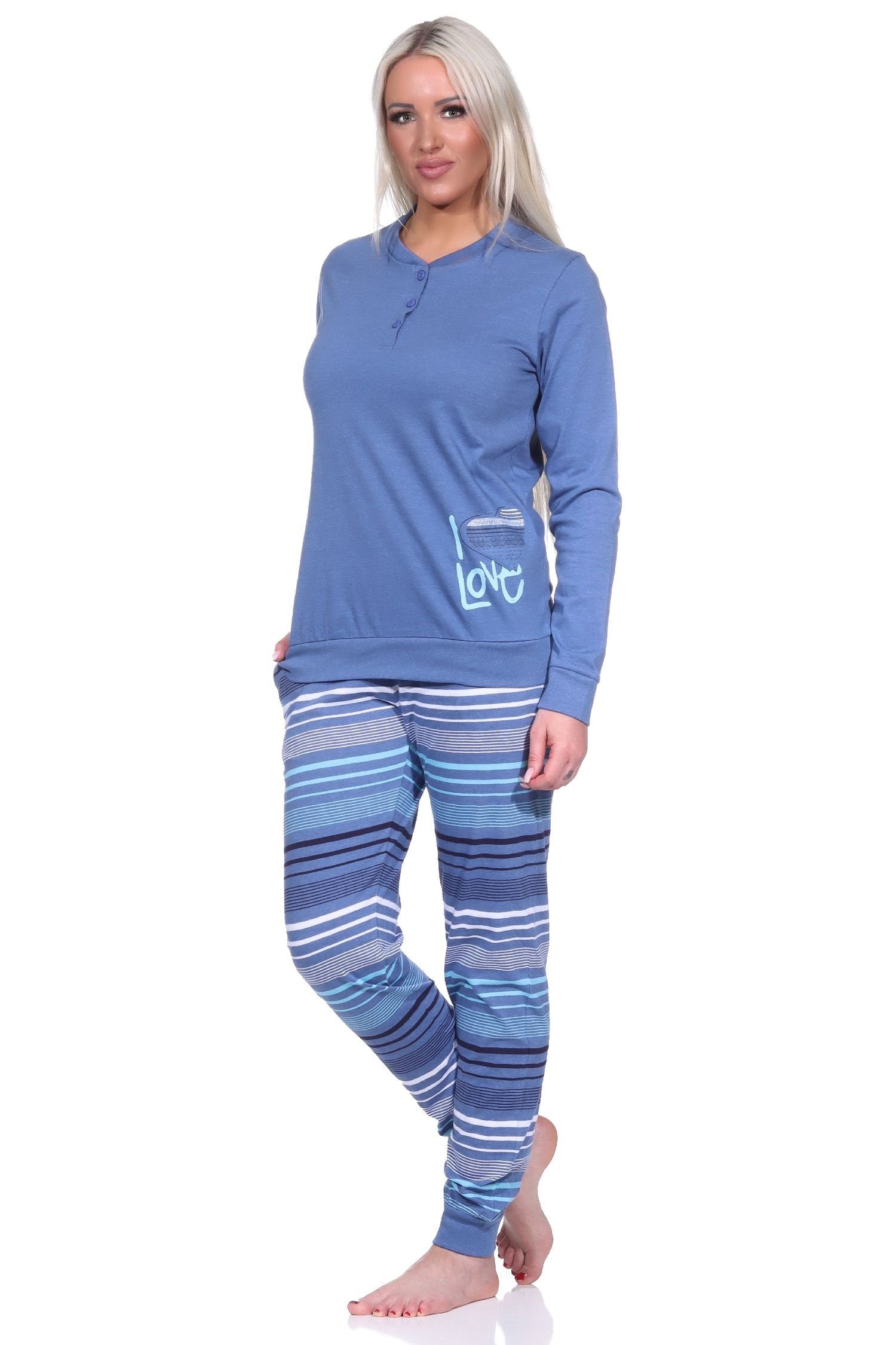 Normann Pyjama Damen blau-melange Hose und Herzmotiv mit Bündchen gestreifter Pyjama 