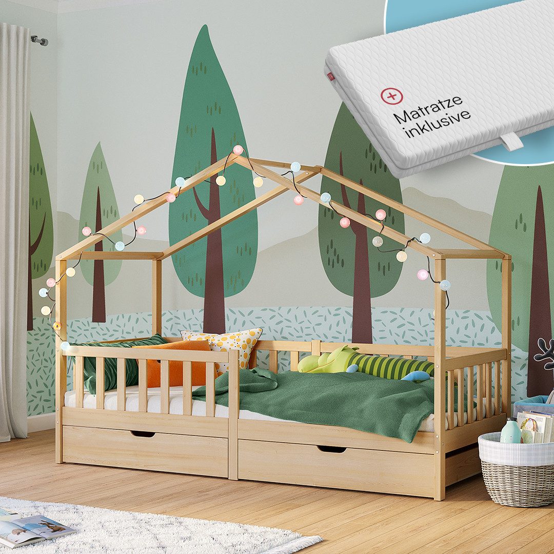 Bellabino Kinderbett Bia mit Rausfallschutz & Lattenrost (natur, mit zwei S günstig online kaufen