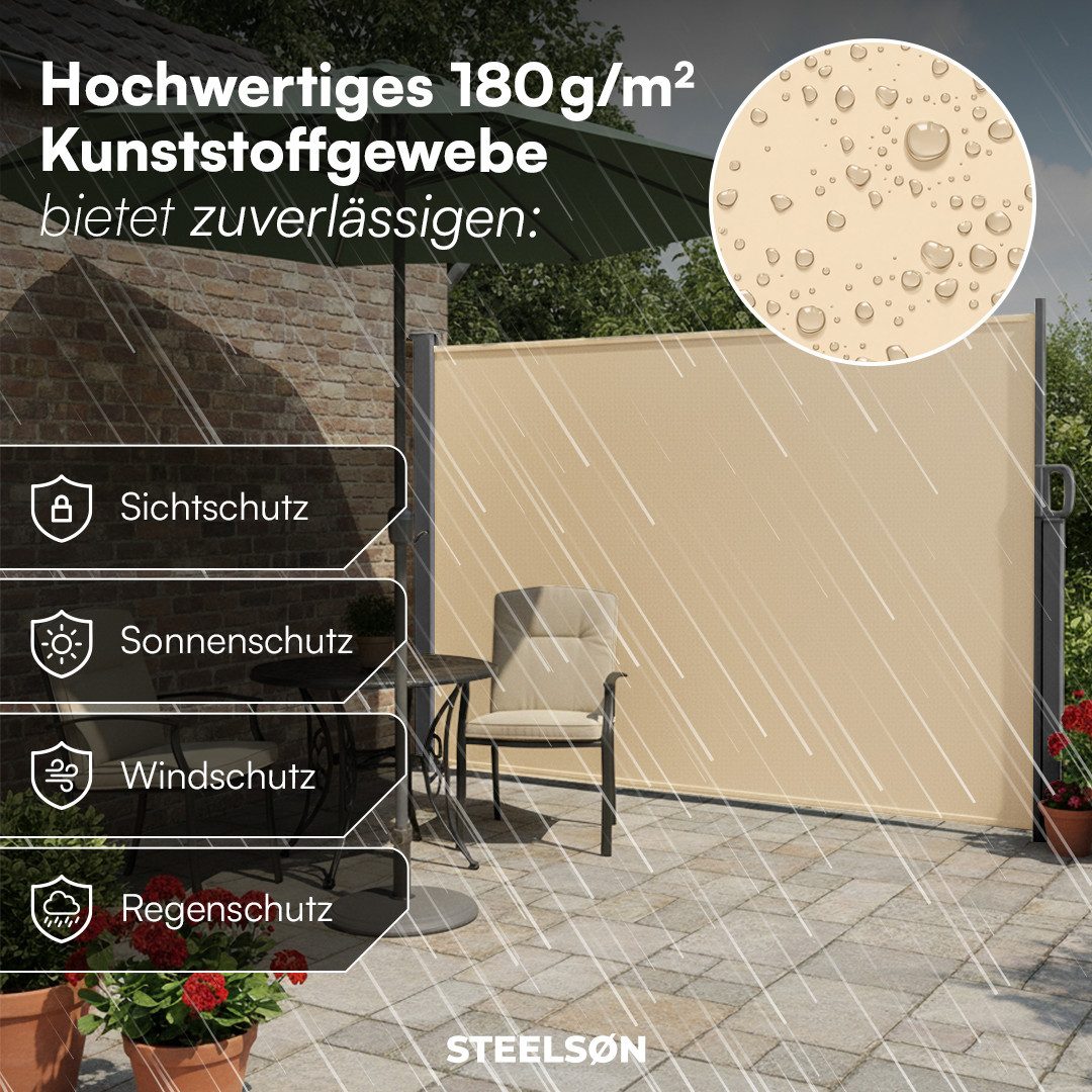 STEELSØN Seitenmarkise Zirella mit individuell einstellbarer Länge (beige, 160x400 cm) Windschutz mit Griff, Sichtschutz ausziehbar, für Garten/Terrasse