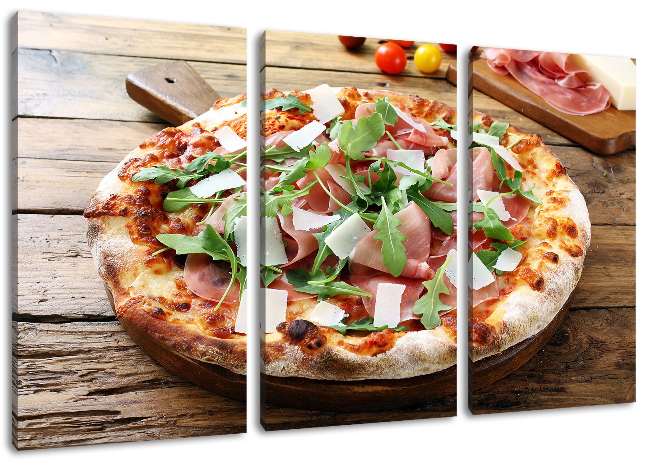 St), Zackenaufhänger auf (1 bespannt, Leinwandbild Prosciutto Prosciutto Holztisch Pizza 3Teiler (120x80cm) Holztisch, Pizza auf fertig Pixxprint Leinwandbild inkl.