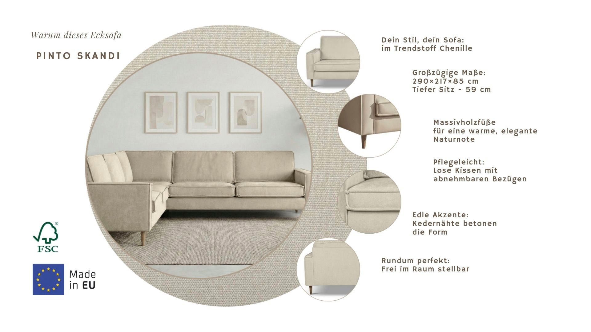 Home affaire Ecksofa Pinto Skandi, 290 cm, Chenille, Struktur, Ottomane links / rechts, mit Keder, Massivholzfüße Eiche geräuchert, Wellenunterfederung