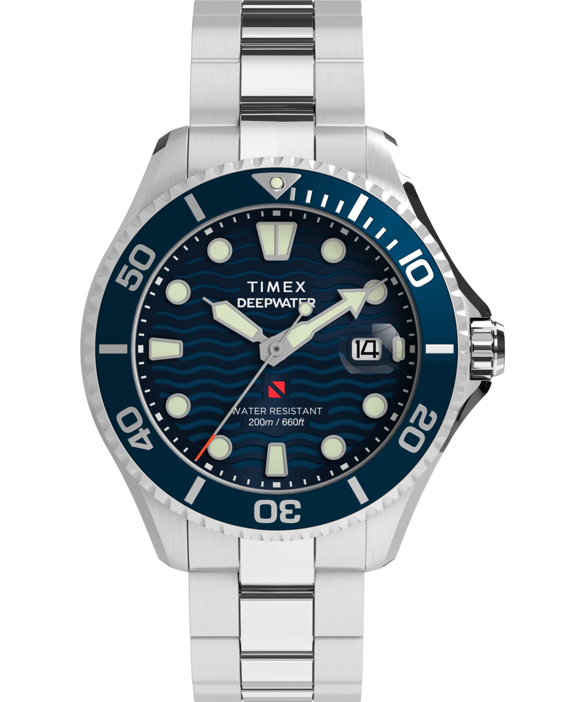 Timex Quarzuhr DEEP WATER MERIDIAN TW2W81900AJ, Armbanduhr, Herrenuhr, Edelstahlarmband, Datum, Leuchtzeiger