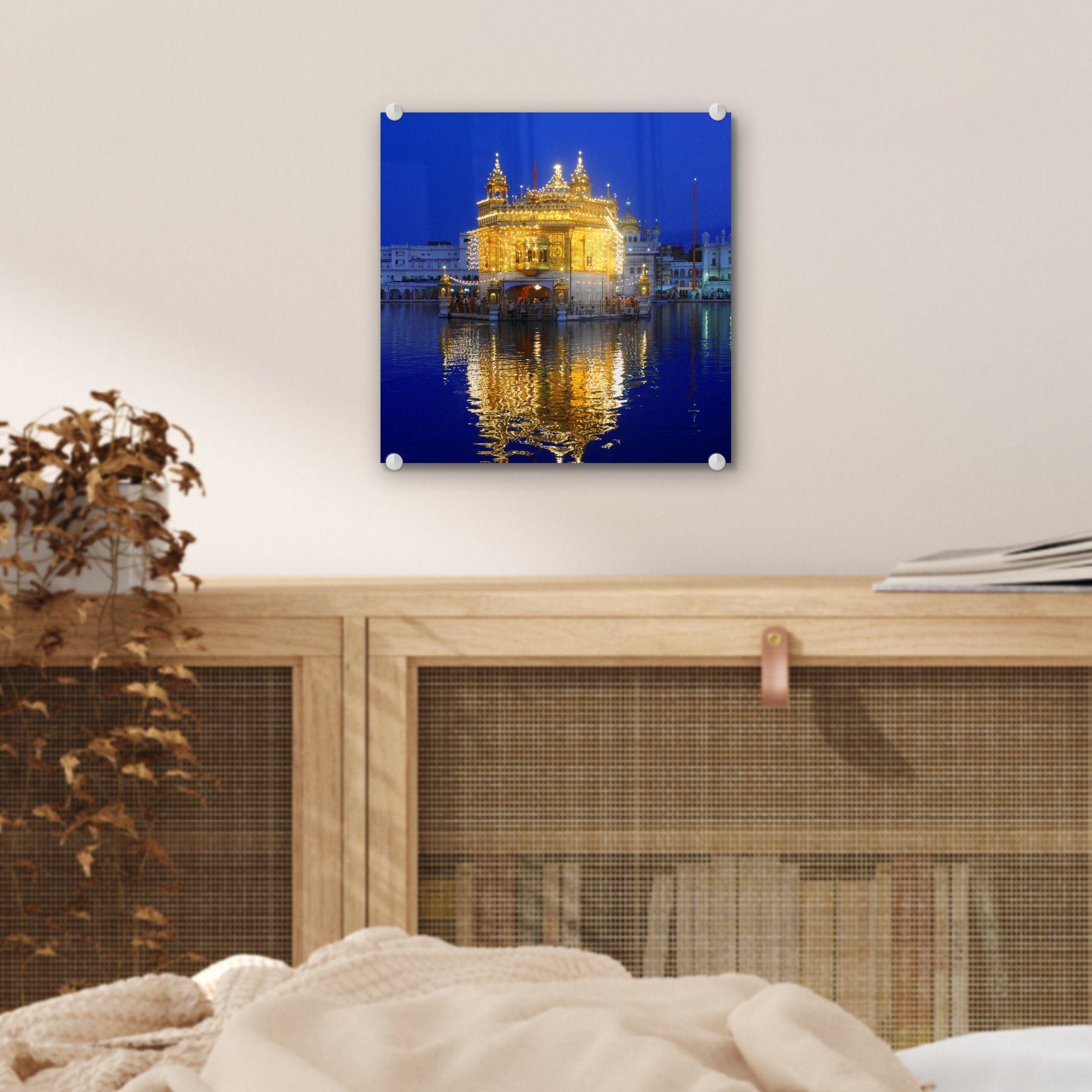 - Bilder Sahib-Tempel Glas Acrylglasbild Glas auf auf Foto Glasbilder am Wandbild Abend, Wanddekoration (1 MuchoWow - beleuchtete Der - Harmandir St),