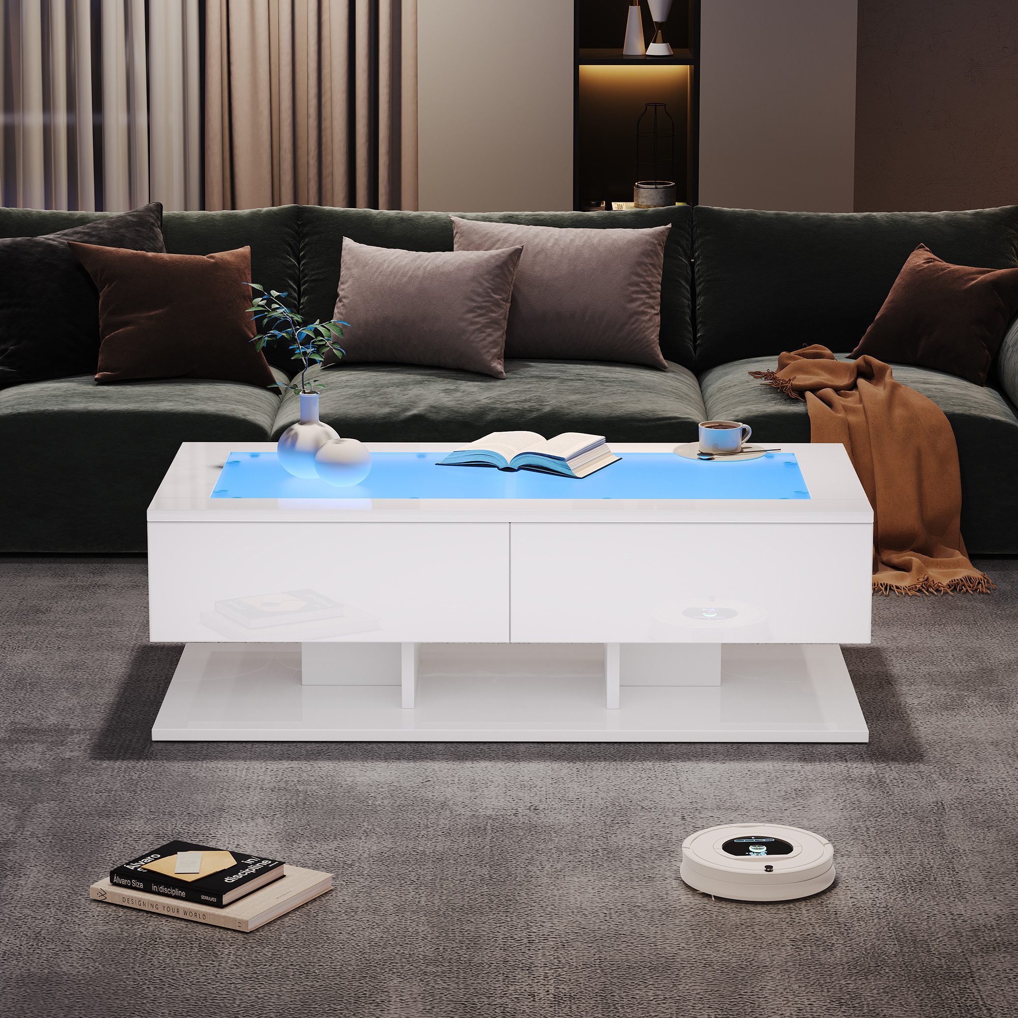 Merax Couchtisch hochglanz Sofatisch Beistelltisch mit LED-Beleuchtung inkl.App (1-St), Wohnzimmertisch mit 2 Schubladen und gehärtete Glasplatte, 100x50x35cm – Bild 2 von 5