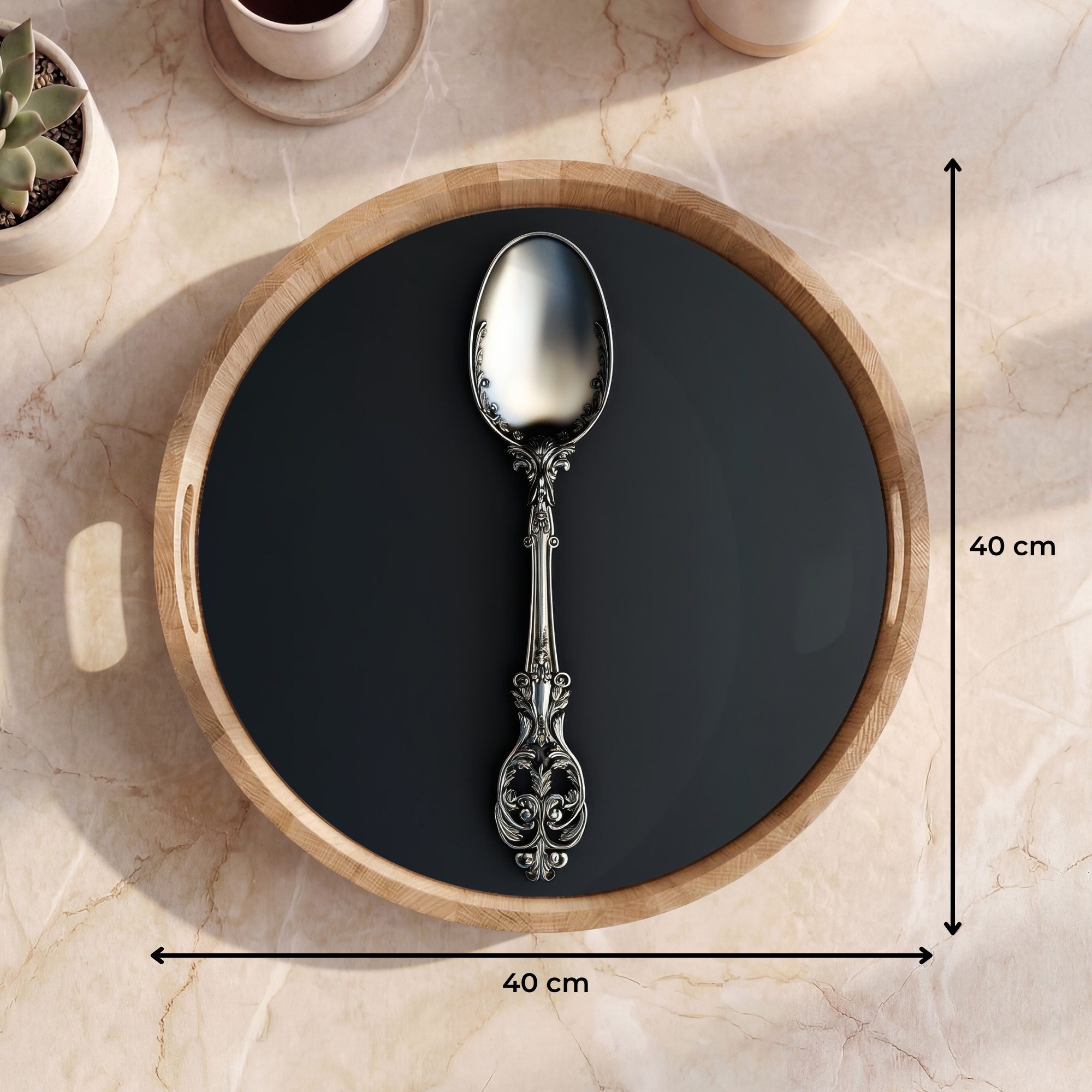 OnlyWow Tablett Rund mit Henkel Löffel - Silber - Metall, Eichenholz, (1-tlg), Siervierplatte, Tray, Frühstücksbrett