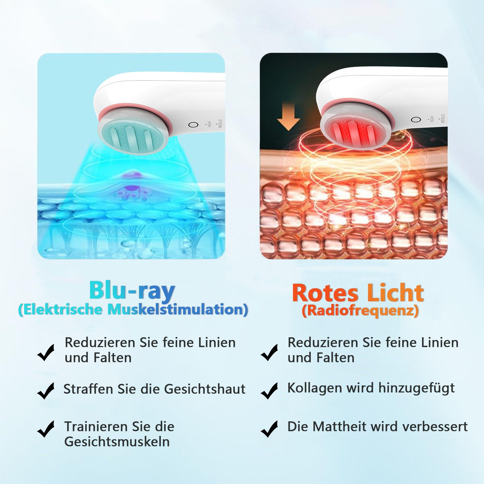 FOSMET Gesichtsmassagegerät Gesichtsmassagegerät gegen Falten – 6-in-1 Anti-Aging Gerät, Für das Gesicht- und Halsbereich, Multifunktionales Gesichtspflegegerät mit EMS, LED &RF