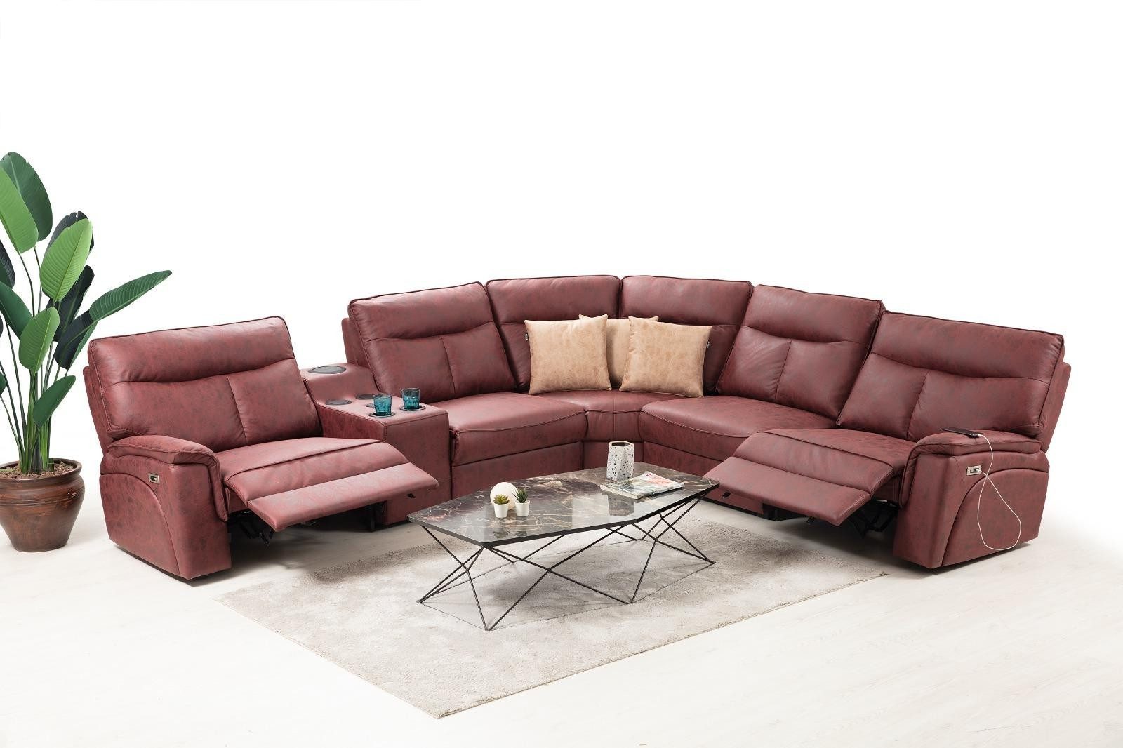 JVmoebel Ecksofa Moderne L-Form Sitzgruppe in Rot mit USB-Anschlüssen und Bluetooth, 6 Teile, Made in Europa