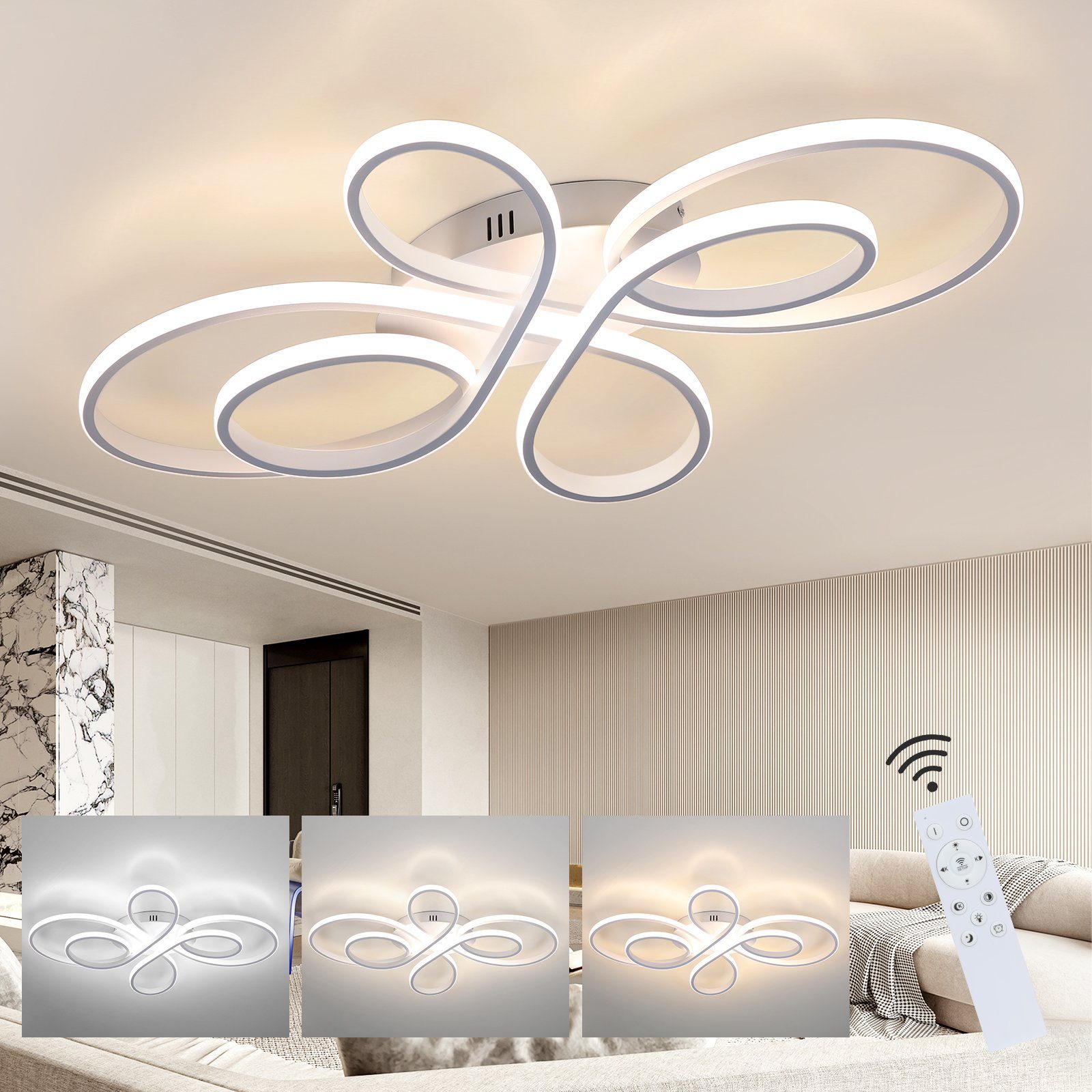 ZMH LED Deckenleuchte Wohnzimmerlampe Dimmbar Groß 100cm Wohnzimmer 90W Modern, LED fest integriert, 3000-6000k, mit Fernbedienung Design für Esszimmer Büro, Weiß