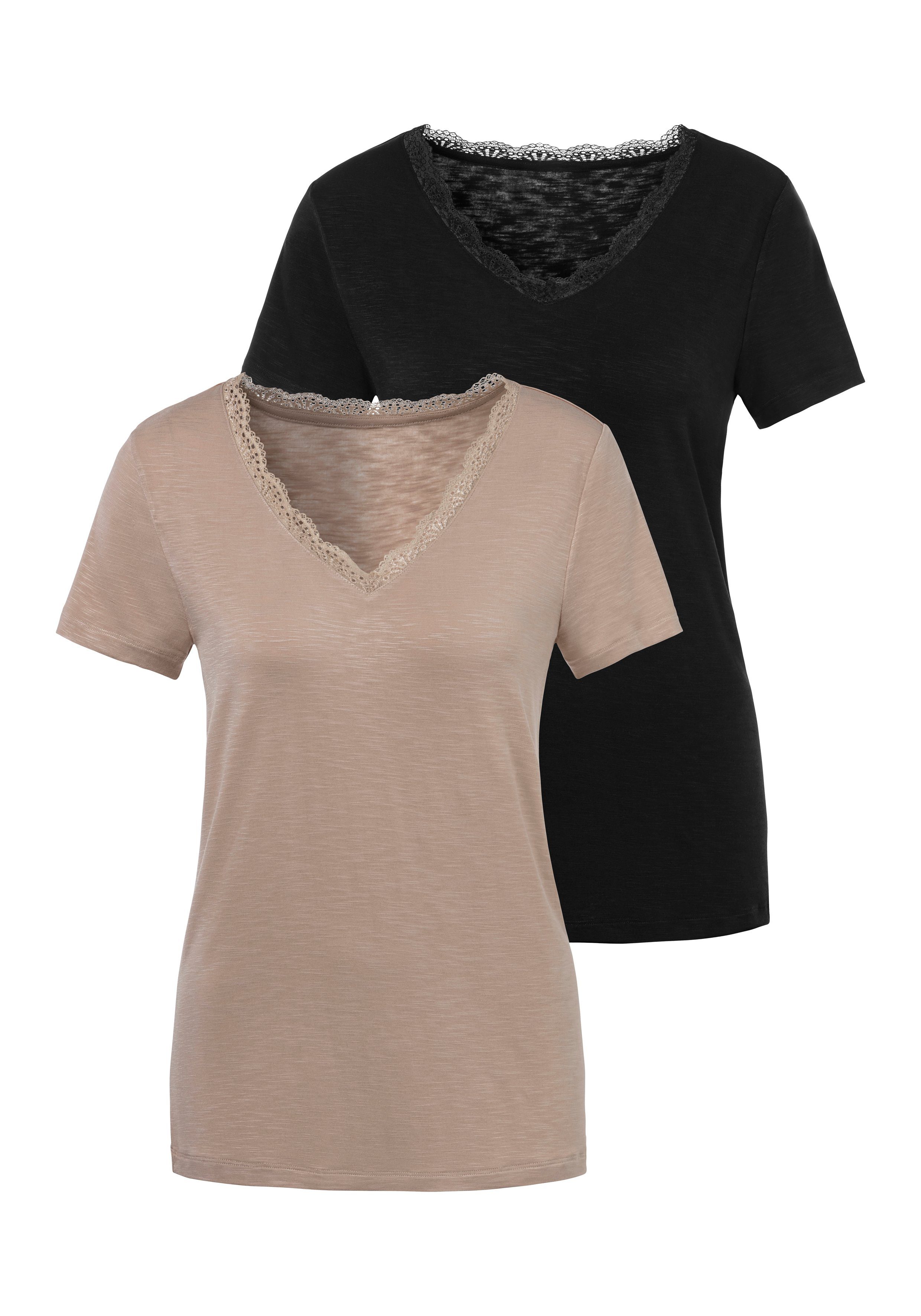 LASCANA T-Shirt (Packung, 2-tlg) mit zarter Spitze am Ausschnitt schwarz, beige | V-Shirts