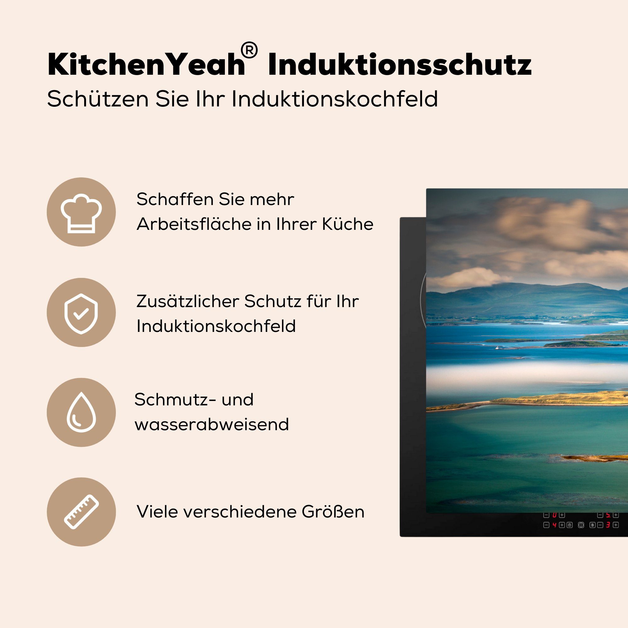 (1 Irland, Bay Vinyl, cm, MuchoWow Herdblende-/Abdeckplatte küche, in Schutz Clew 81x52 die Blick über die für Ceranfeldabdeckung tlg), Induktionskochfeld