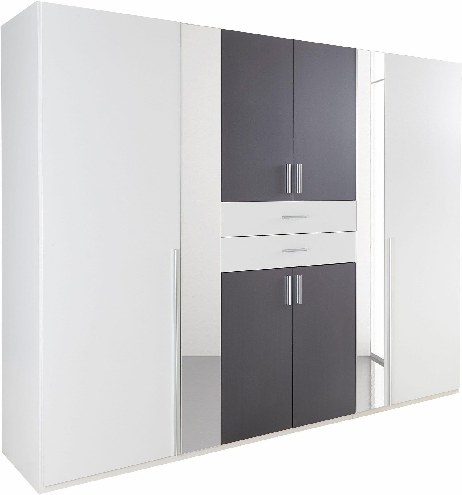Wimex Kleiderschrank Vanea (mit Türen, Schubladen, Einlegeböden, Kleiderstangen, 1-St., moderne Optik, mit Spiegel, Kunststoffgriffe) 270x58x208cm weiß graphit