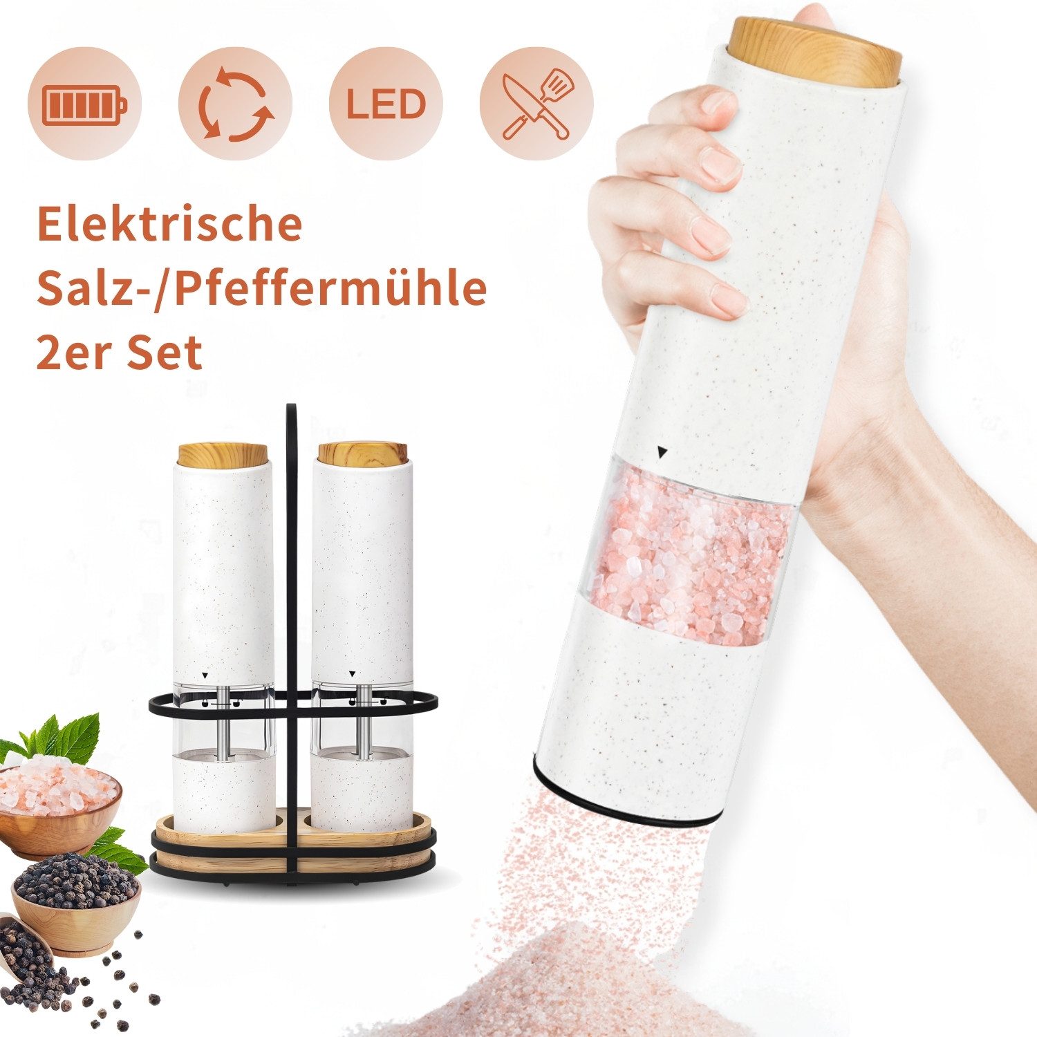 7MAGIC Salz-/Pfeffermühle Pfeffermühle Einstellbarer Mahlgrad Keramikmahlwerk mit LED-Licht, Batterie, (2 Stück), Elektrisch Gewürzmühlen Große Kapazität mit Metallständer
