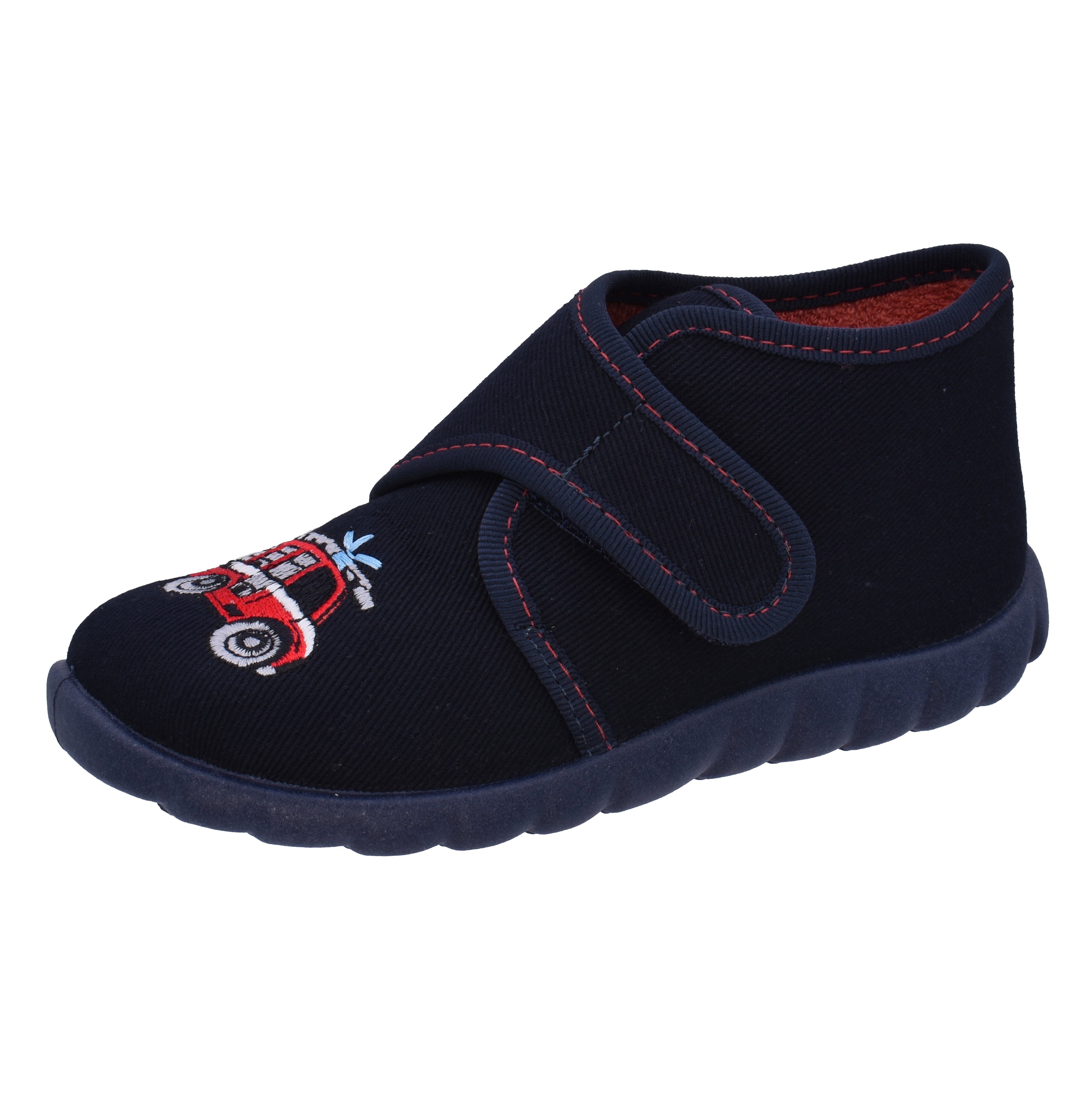 Fischer-Markenschuh Flexi Hausschuh mit Feuerwehrauto, aus Baumwollstoff mit Frotteefutter