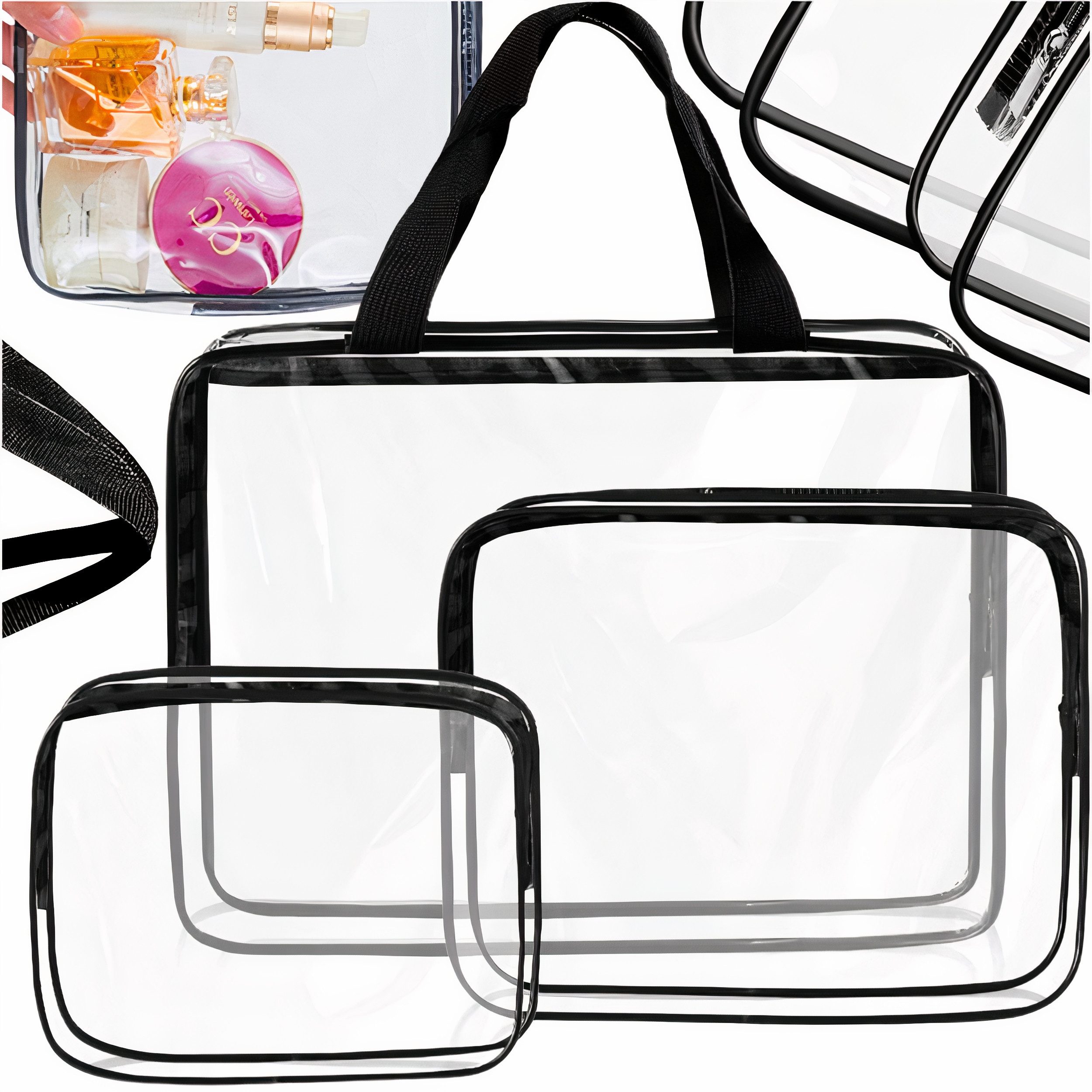 Realb2b Reisetasche Kosmetiktasche Transparent 3in1 Reiseorganizer Flugzeug PVC Set klar (Reise-Kulturbeutel Set 3in1 transparent handgepäcktauglich, 3-tlg., 3-teiliges transparentes Kulturbeutel-Set), Transparentes PVC, 3 Größen, handgepäcktauglich, wasserdicht