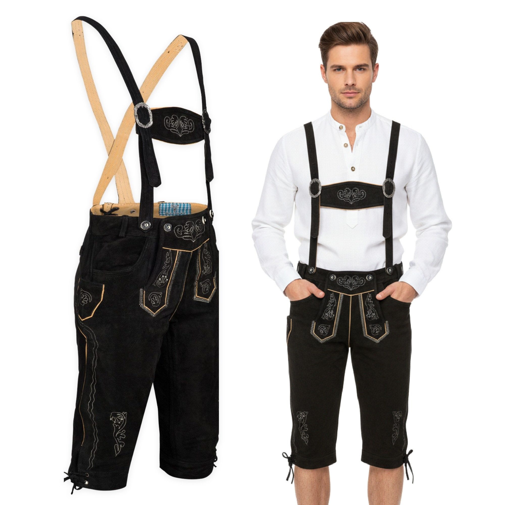 Spirit of Bavaria Trachtenlederhose aus 100% Echtleder I Lederhose Herren mit Träger I Tracht Hose Männer (I Traditionelle Trachtenlederhose für Herren, I Kniebund Oktoberfest Outfit Trachtenhose 506)