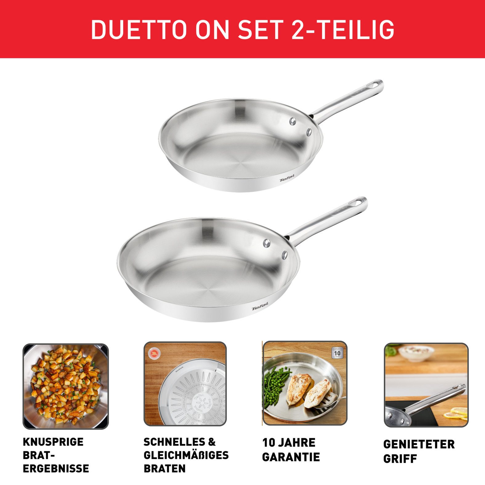 Tefal Pfannen-Set Duetto On, Edelstahl (Set, 2-tlg), 24/28 cm, unversiegelt, Induktion, genieteter Griff, backofengeeignet