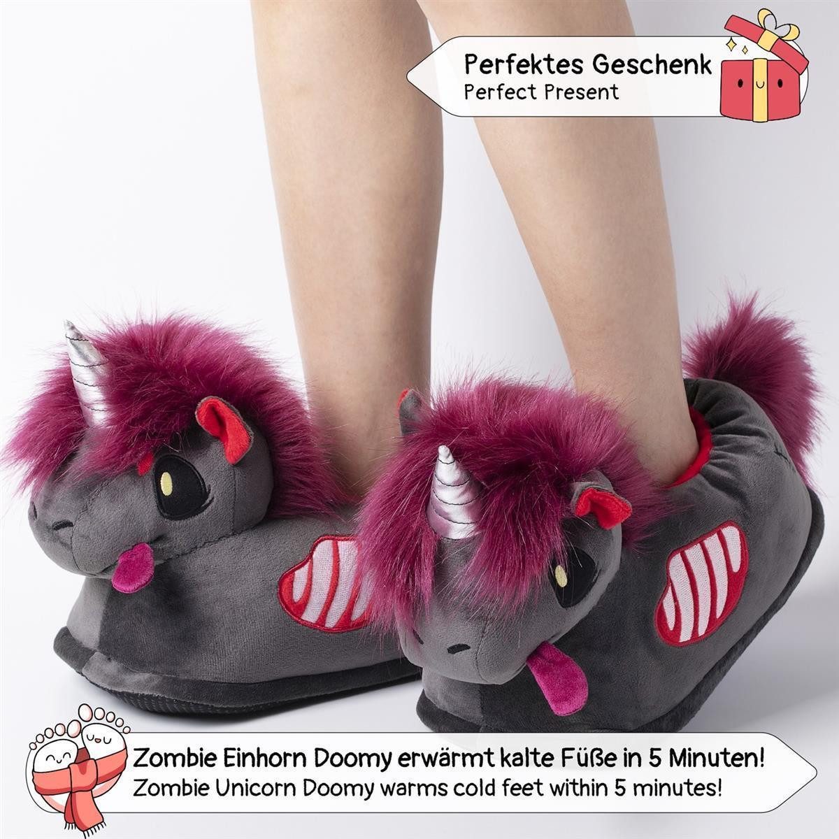 Corimori Gruselige Zombie Einhorn Pantoffeln, Halloween Plüsch Hausschuhe (Packung, Geschenk) weiche Slipper, EU Einheitsgröße 34-44, Doomy das Zombie Einhorn