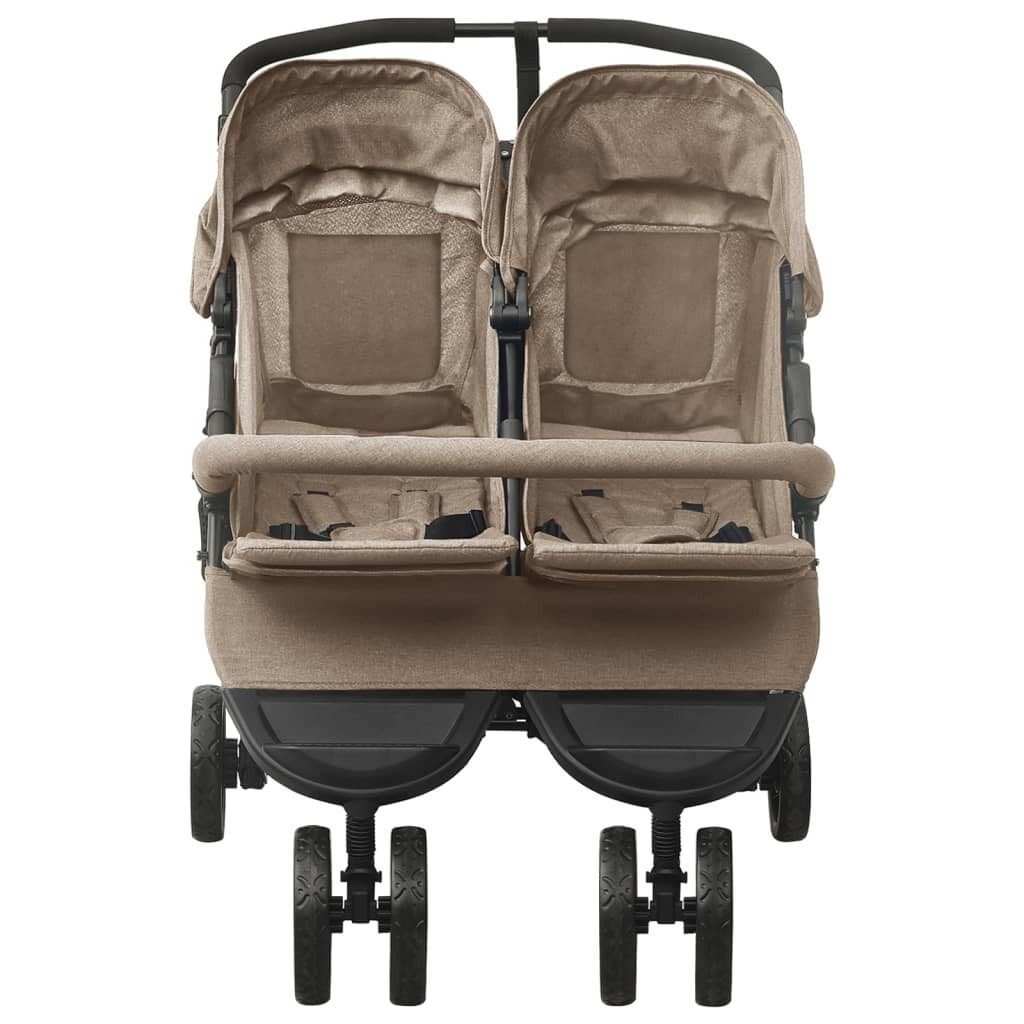 vidaXL Kombi-Kinderwagen Kinderwagen Kinderkarre Buggy Zwillings-Geschwisterwagen Taupe Stahl
