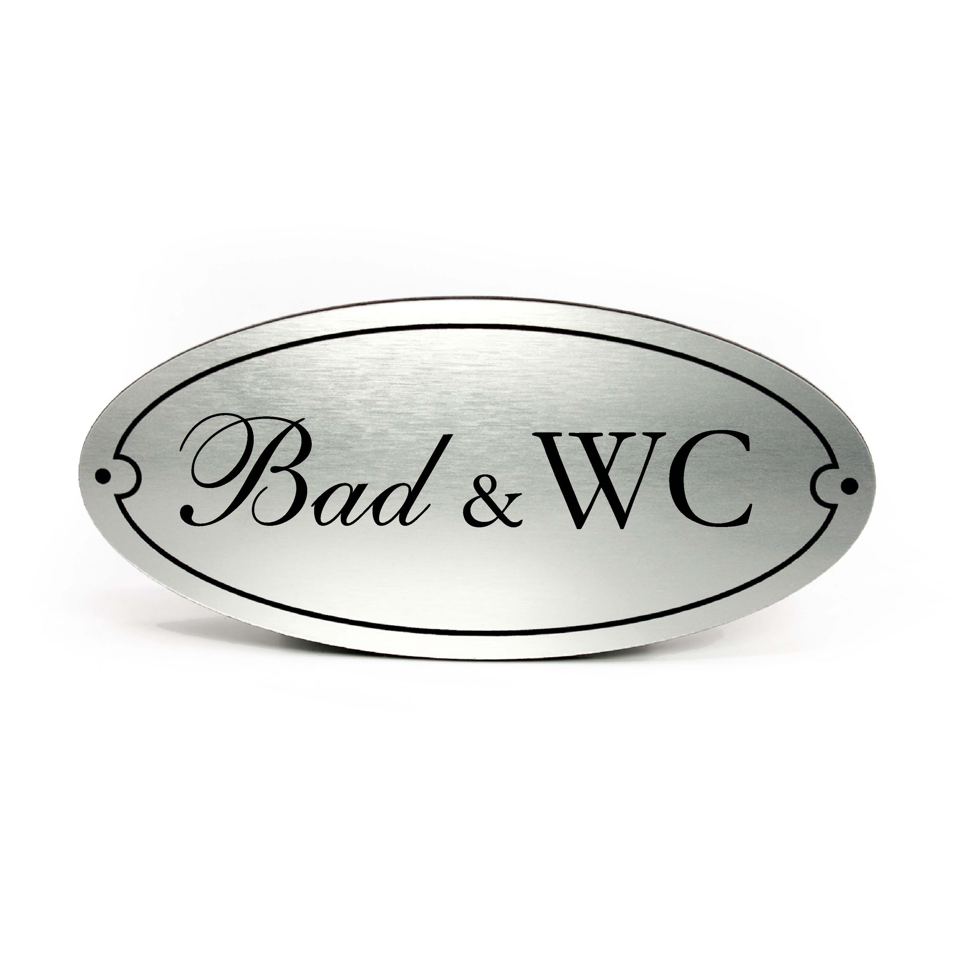 Dekolando Hinweisschild Bad WC Schild Kunststoff silber graviert oval selbstklebend, (Vintage), wetterfest