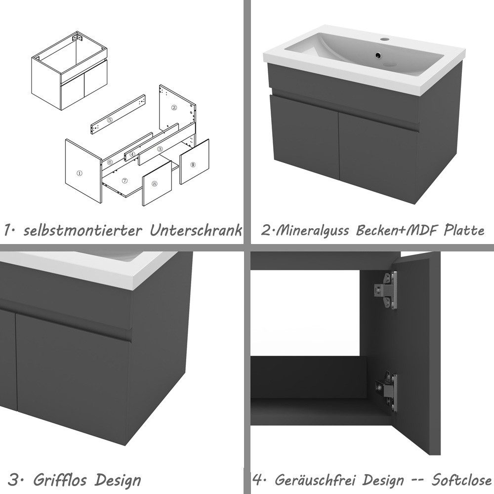 Aica Sanitär Waschtisch Unterschrank Waschbecken Waschtisch MDF Badmöbel Set – Bild 5 von 5