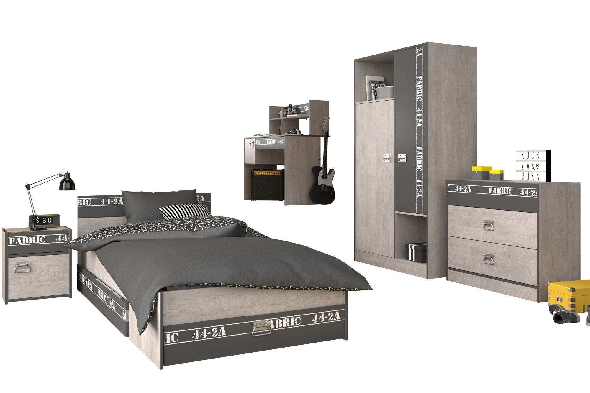 58 aufm Kessel Jugendzimmer-Set Kinderzimmer Set Parisot Fabric 6-tlg. Holzdekor Esche/Grau/Print, (inkl. Versand, Lieferung bis Verwendungsstelle), Bett 90x200,Nako,Schreibtisch,Kleiderschrank 2-trg.,Schubladenkommode