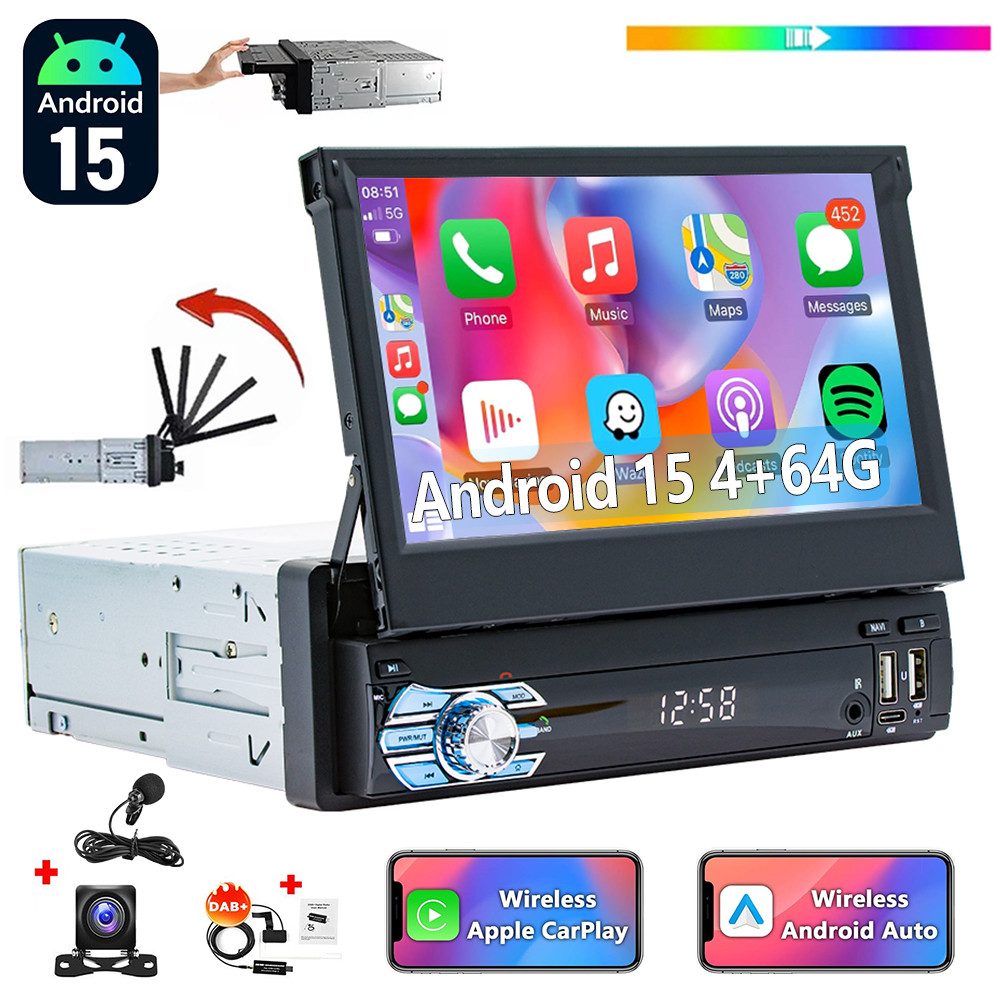 ESSGOO DAB+ 4+64G 1DIN 7'' Flip Out Android 15 Carplay Autoradio GPS WIFI FM Autoradio (Digitalradio (DAB), 4+64GB(optional), RDS, AM, FM, Carplay Android Auto Bluetooth EQ USB GPS Navi WIFI Touchscreen)