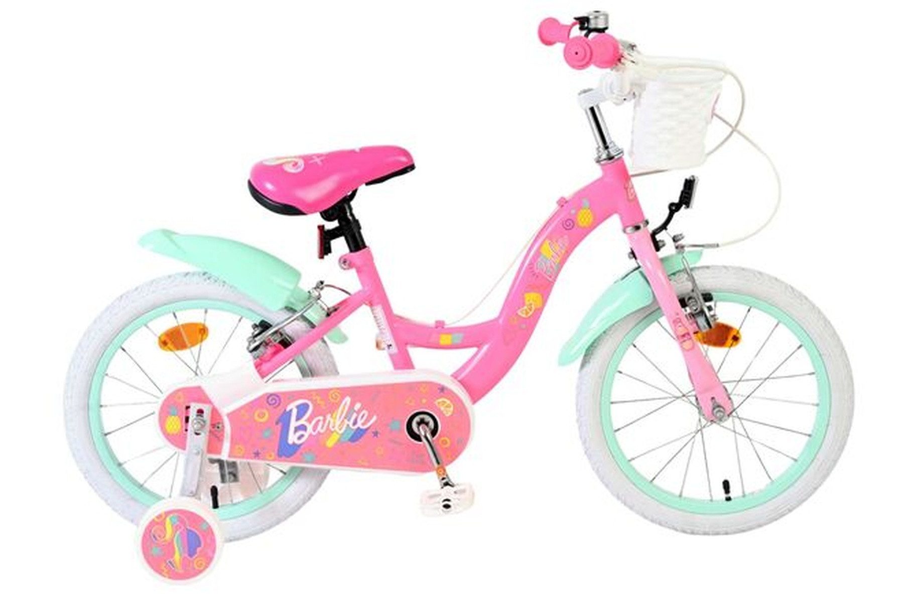 Kinderfahrrad Barbie Mädchen 16 Zoll Rosa mit Stützrädern und zwei Handbremsen