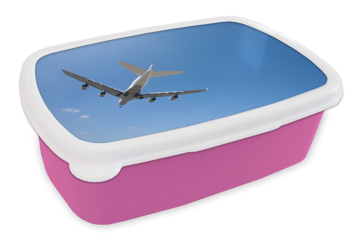 MuchoWow Lunchbox Flugzeuge fliegen in den klaren blauen Himmel, Kunststoff, (2-tlg), Brotbox für Erwachsene, Brotdose Kinder, Snackbox, Mädchen, Kunststoff rosa